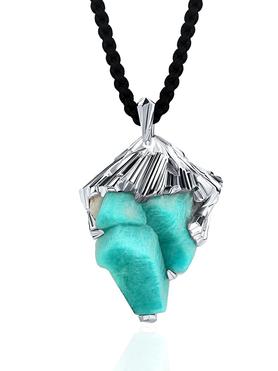 Amazonite crystal silver pendant raw rough large necklace on silk cord For Sale 5