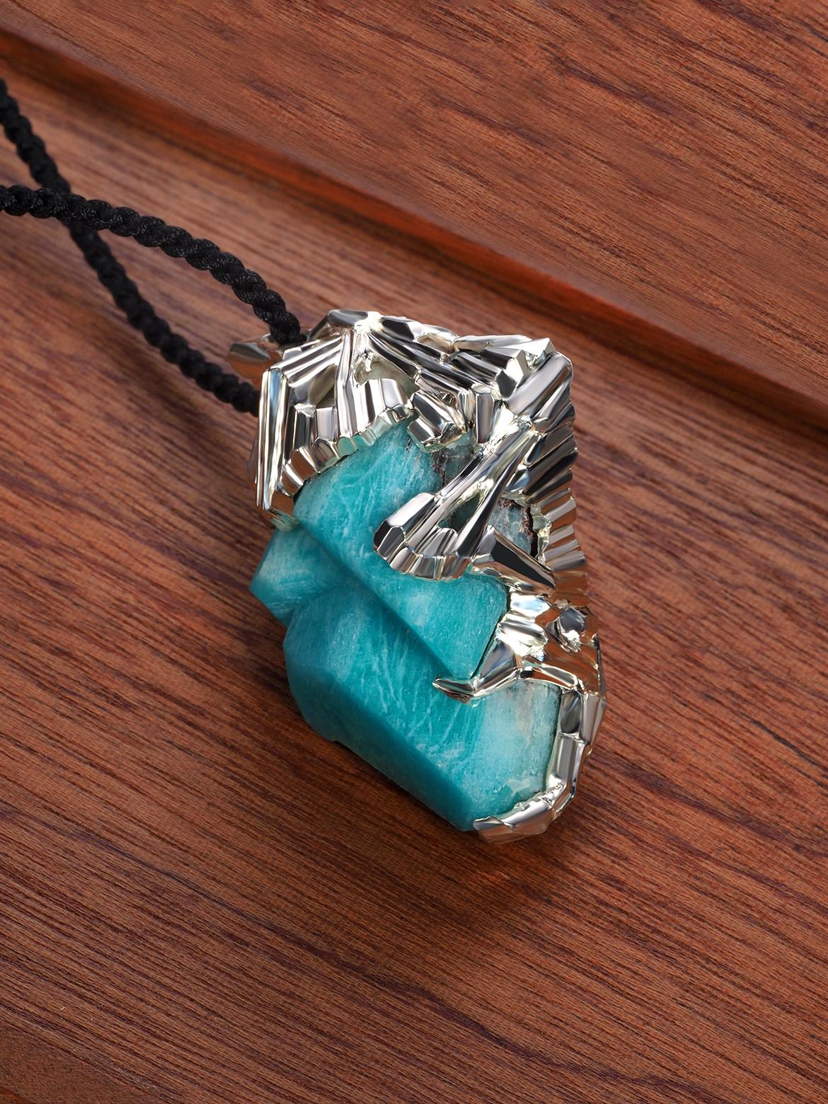 Artisan Amazonite crystal silver pendant raw rough large necklace on silk cord For Sale