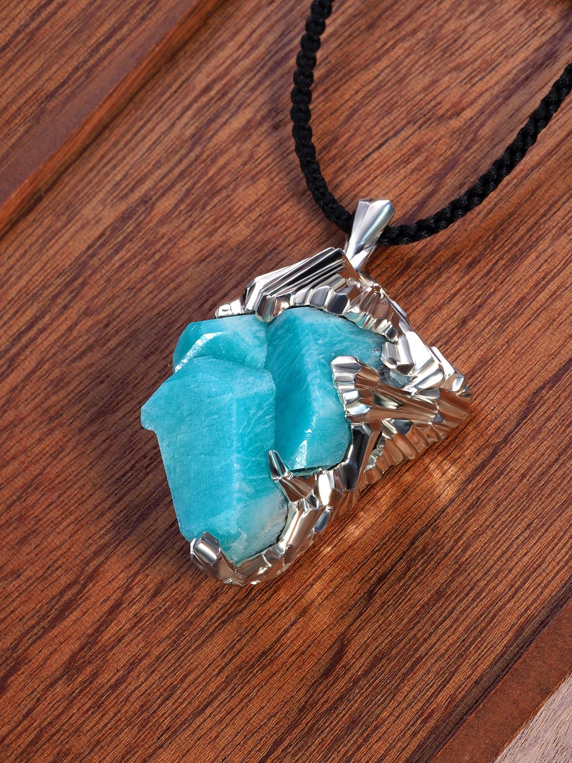 Uncut Amazonite crystal silver pendant raw rough large necklace on silk cord For Sale