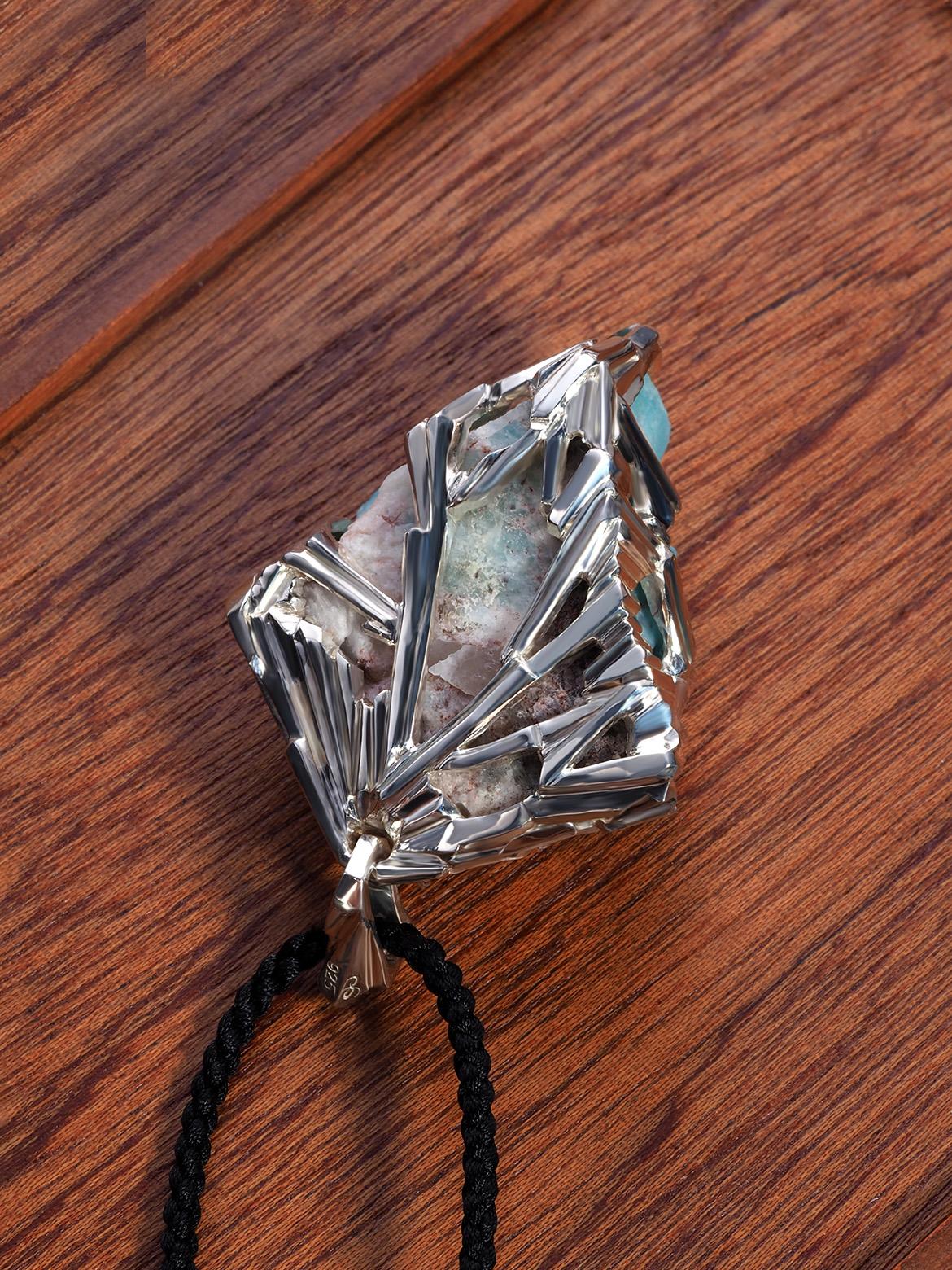 Amazonite crystal silver pendant raw rough large necklace on silk cord In New Condition For Sale In Berlin, DE