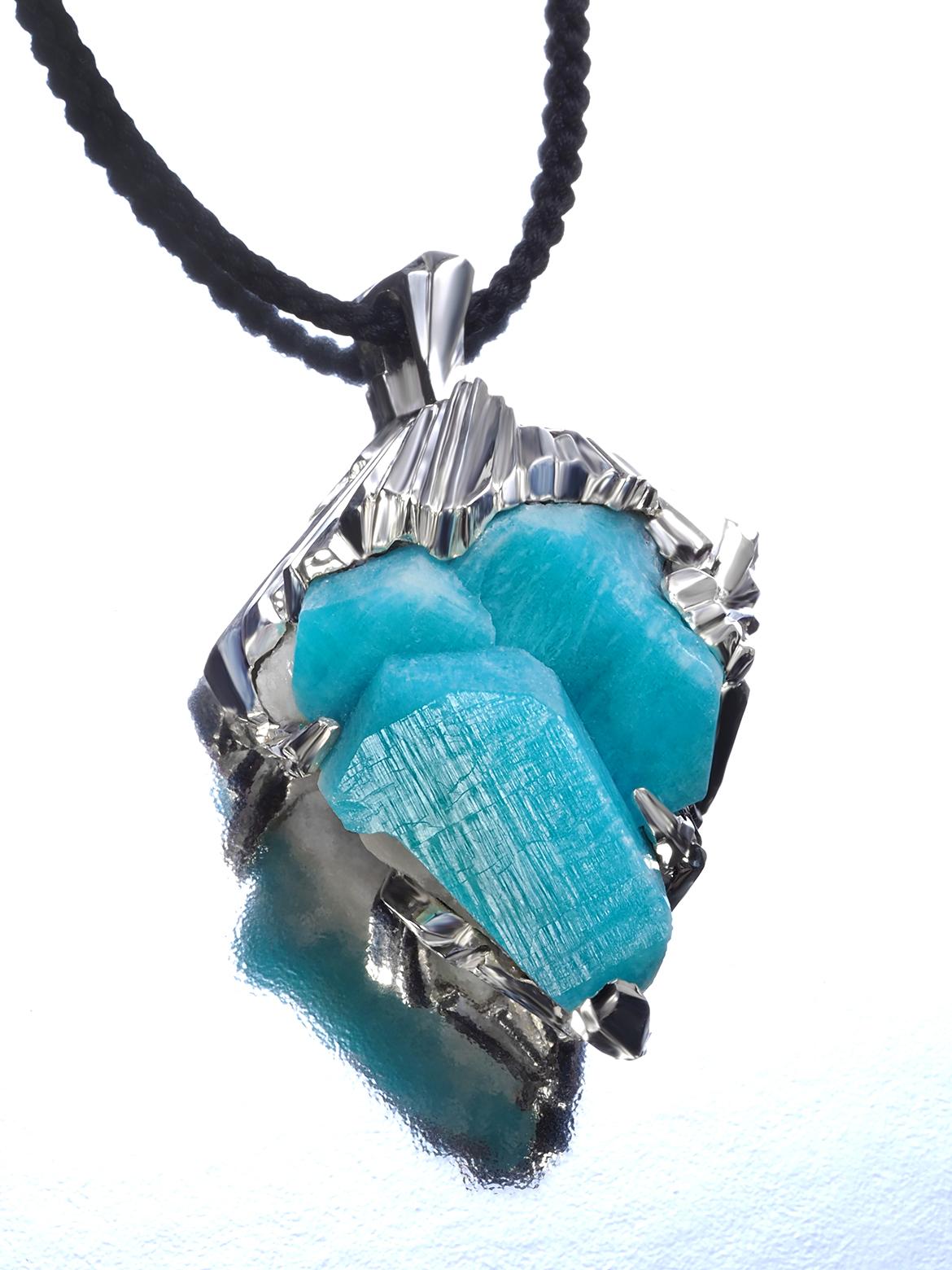 Women's or Men's Amazonite crystal silver pendant raw rough large necklace on silk cord For Sale