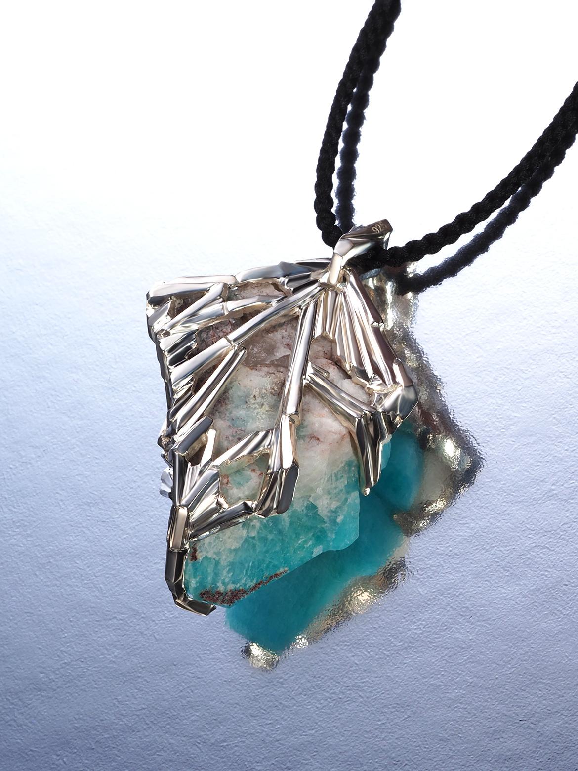 Amazonite crystal silver pendant raw rough large necklace on silk cord For Sale 1
