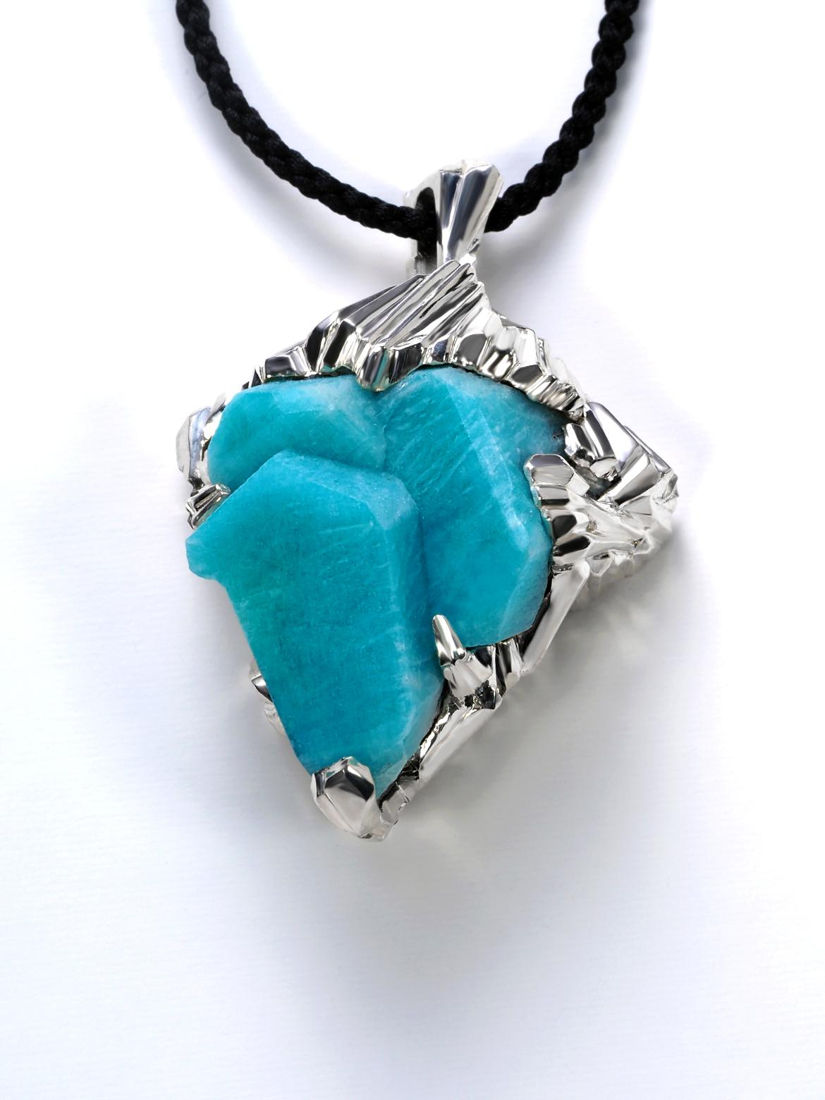 Amazonite crystal silver pendant raw rough large necklace on silk cord For Sale 2