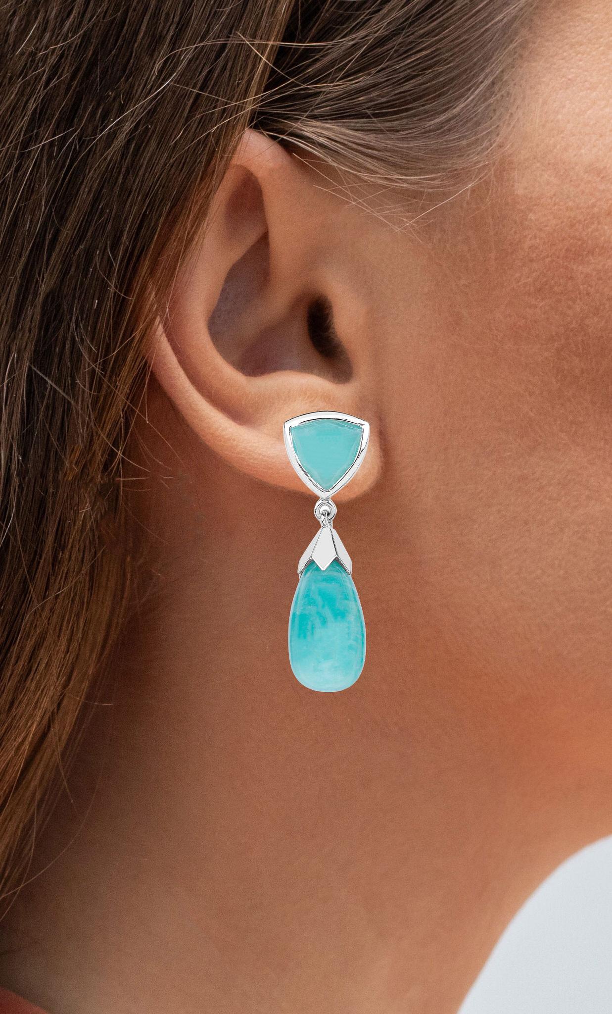 Contemporary Amazonite Dangle Earrings 35 Carats 18K White Gold Plated Silver For Sale