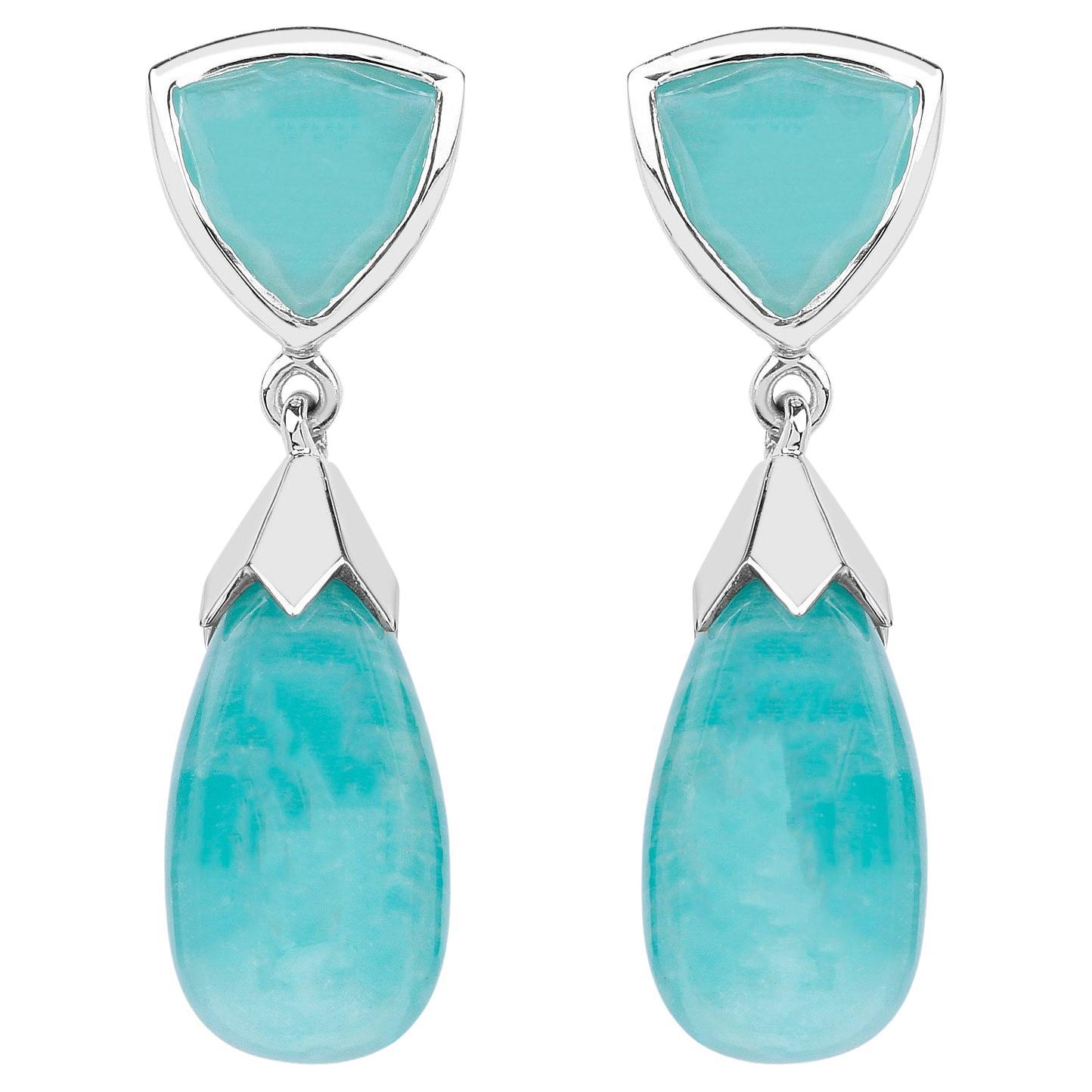 Amazonite Dangle Earrings 35 Carats 18K White Gold Plated Silver