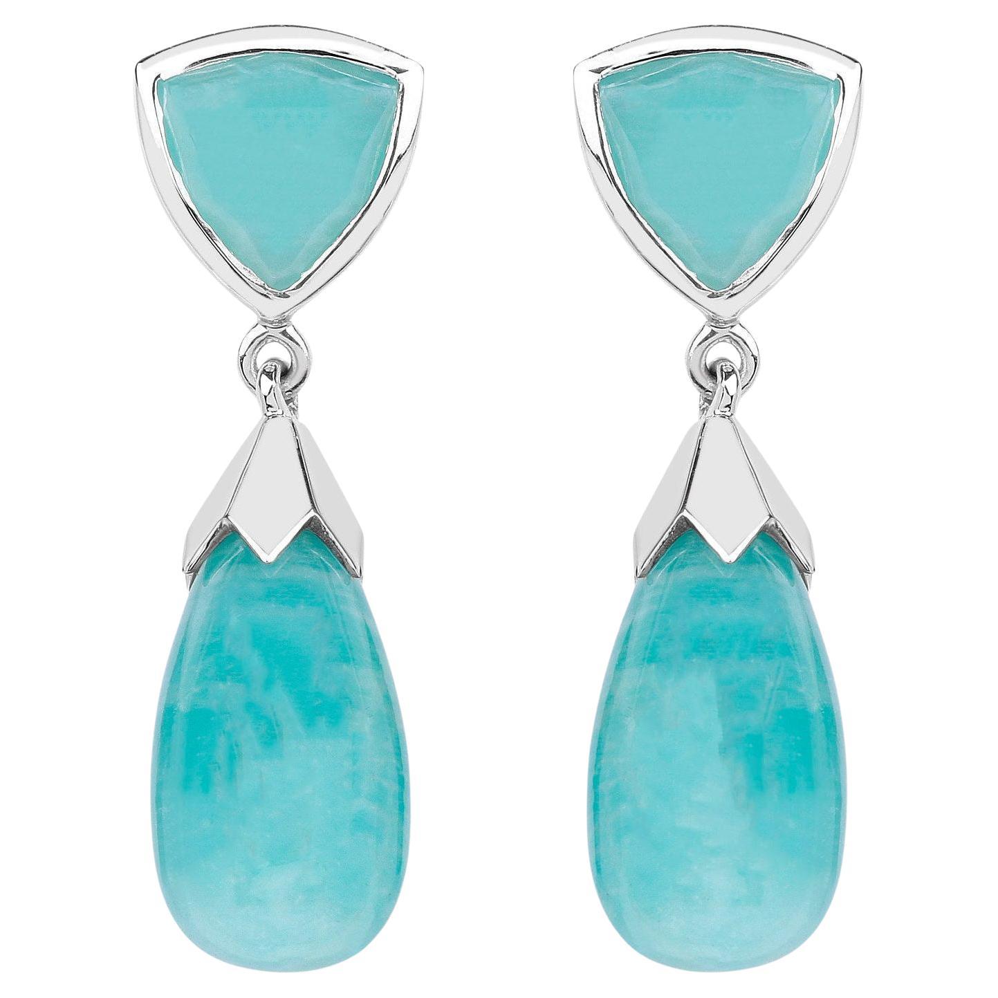 Amazonite Dangle Earrings 35 Carats 18K White Gold Plated Silver For Sale