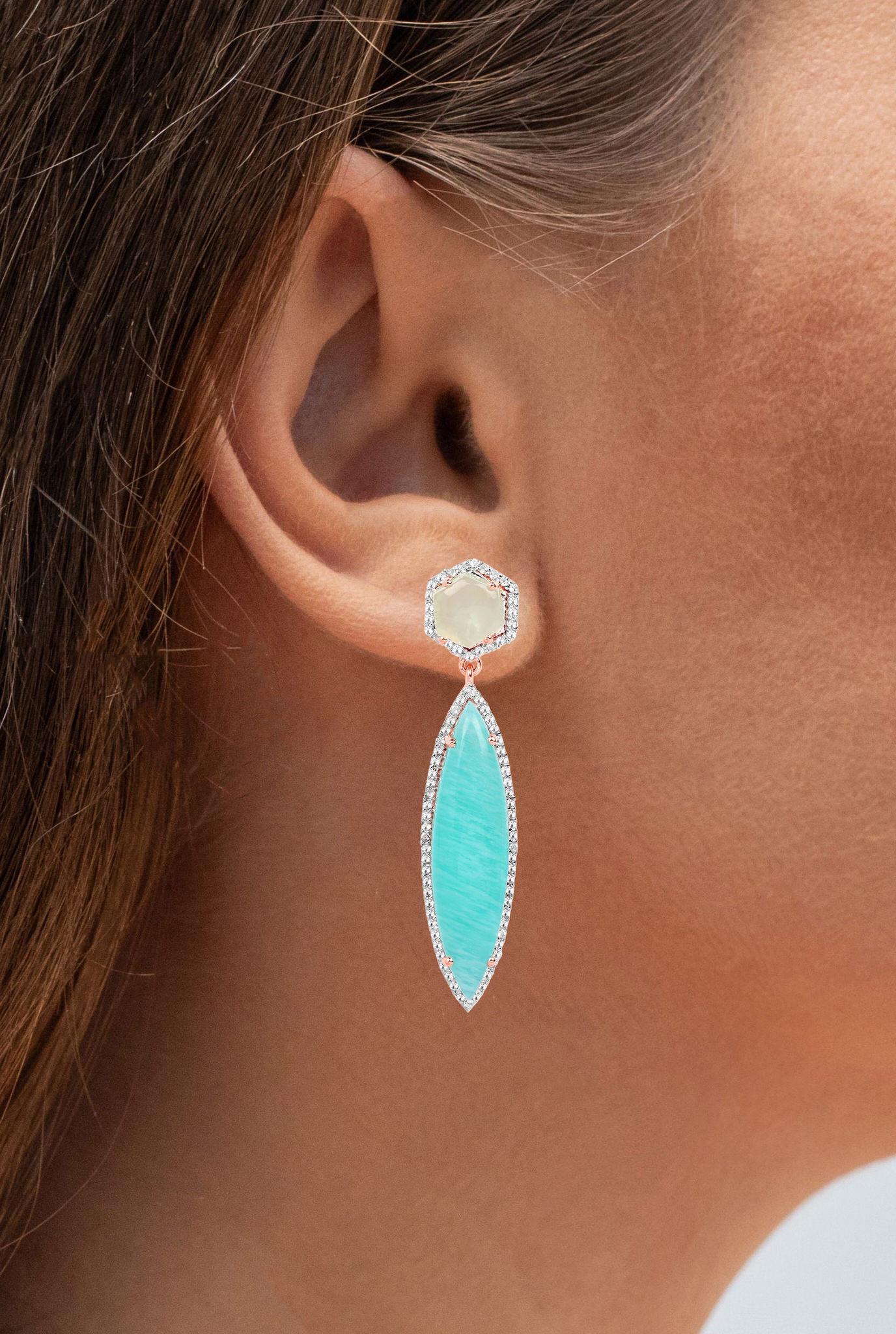 Contemporary Amazonite Dangle Earrings Prehnite 14K Rose Gold Plated Silver For Sale