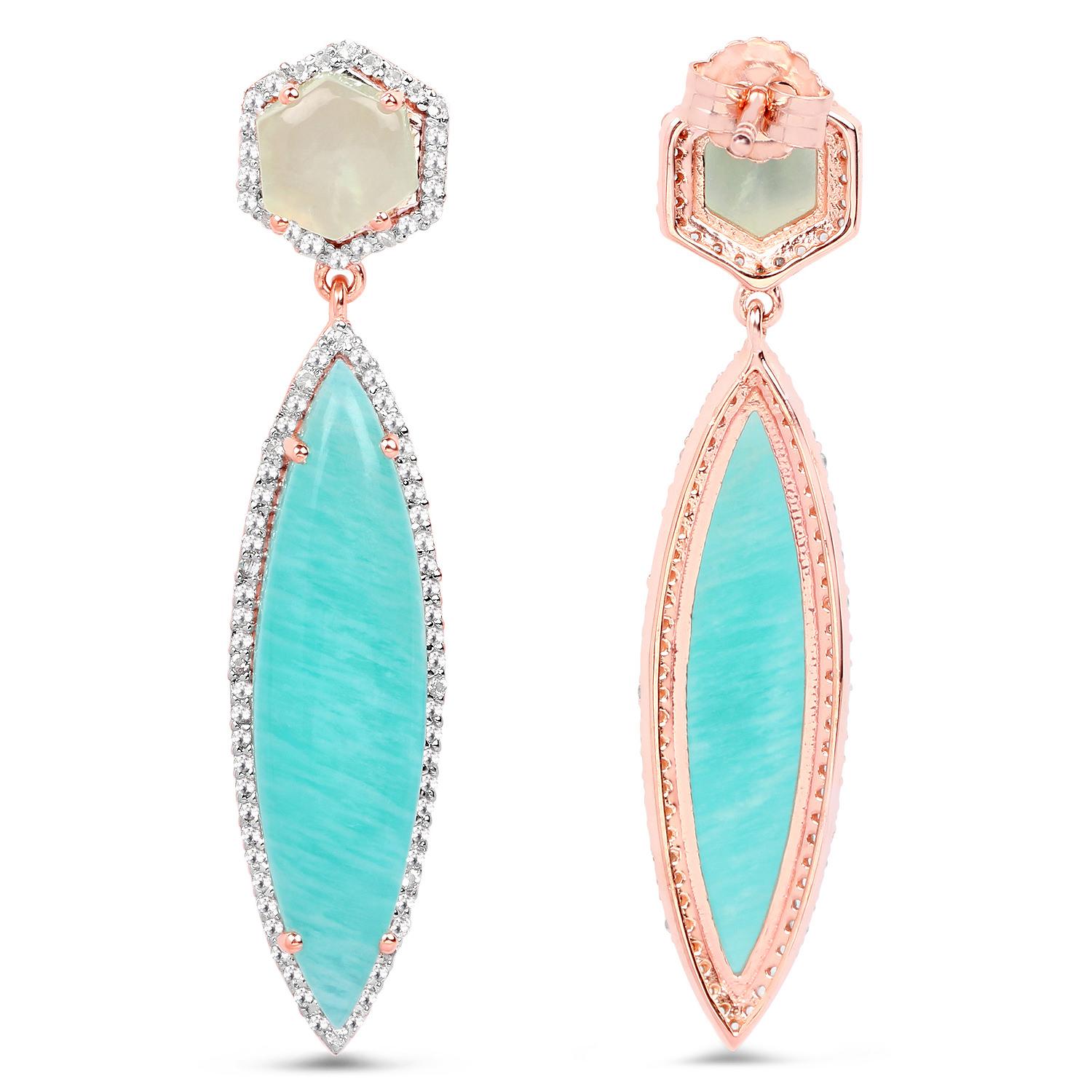 Cabochon Amazonite Dangle Earrings Prehnite 14K Rose Gold Plated Silver For Sale