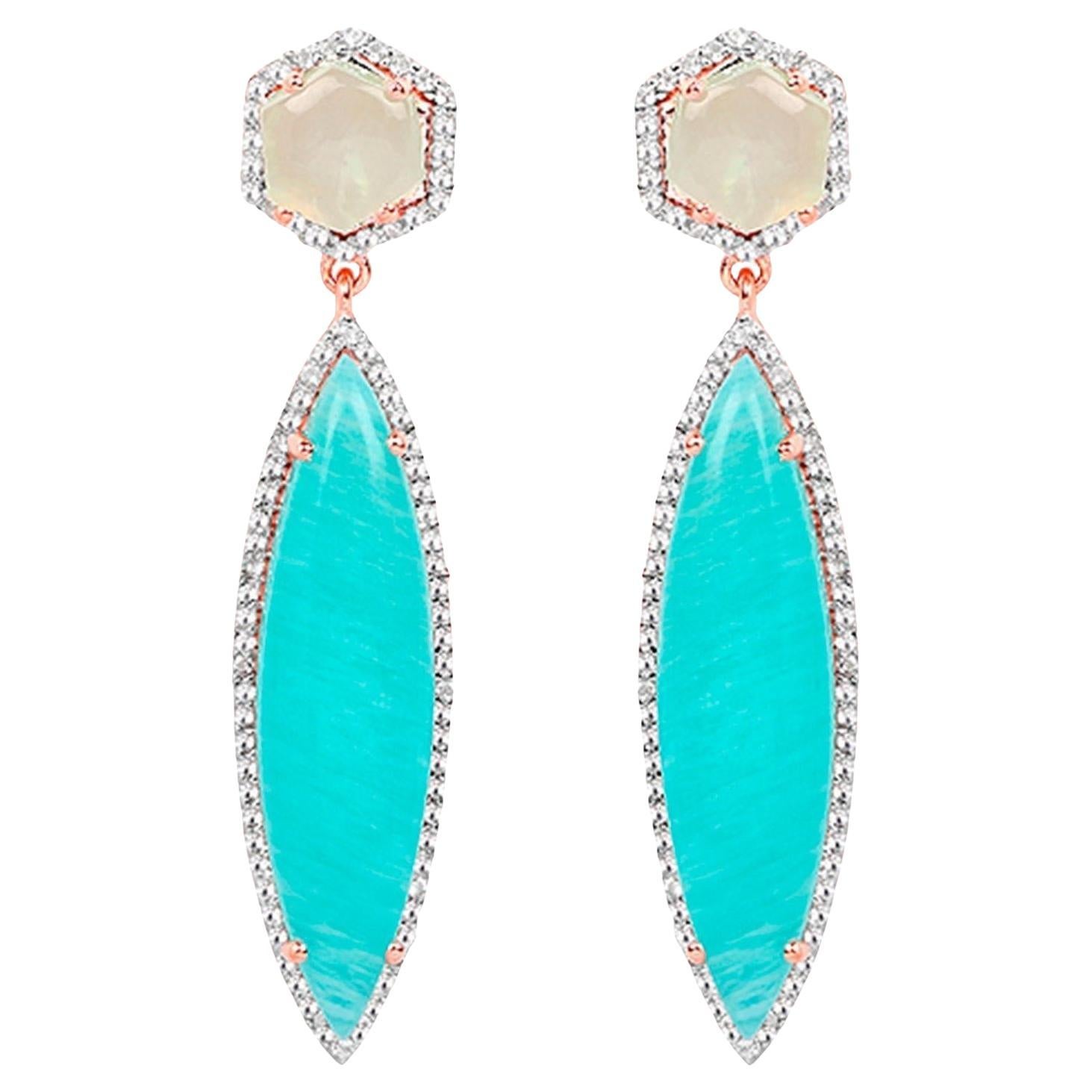 Orecchini a penzoloni di amazzonite Prehnite in argento placcato oro rosa 14K in vendita