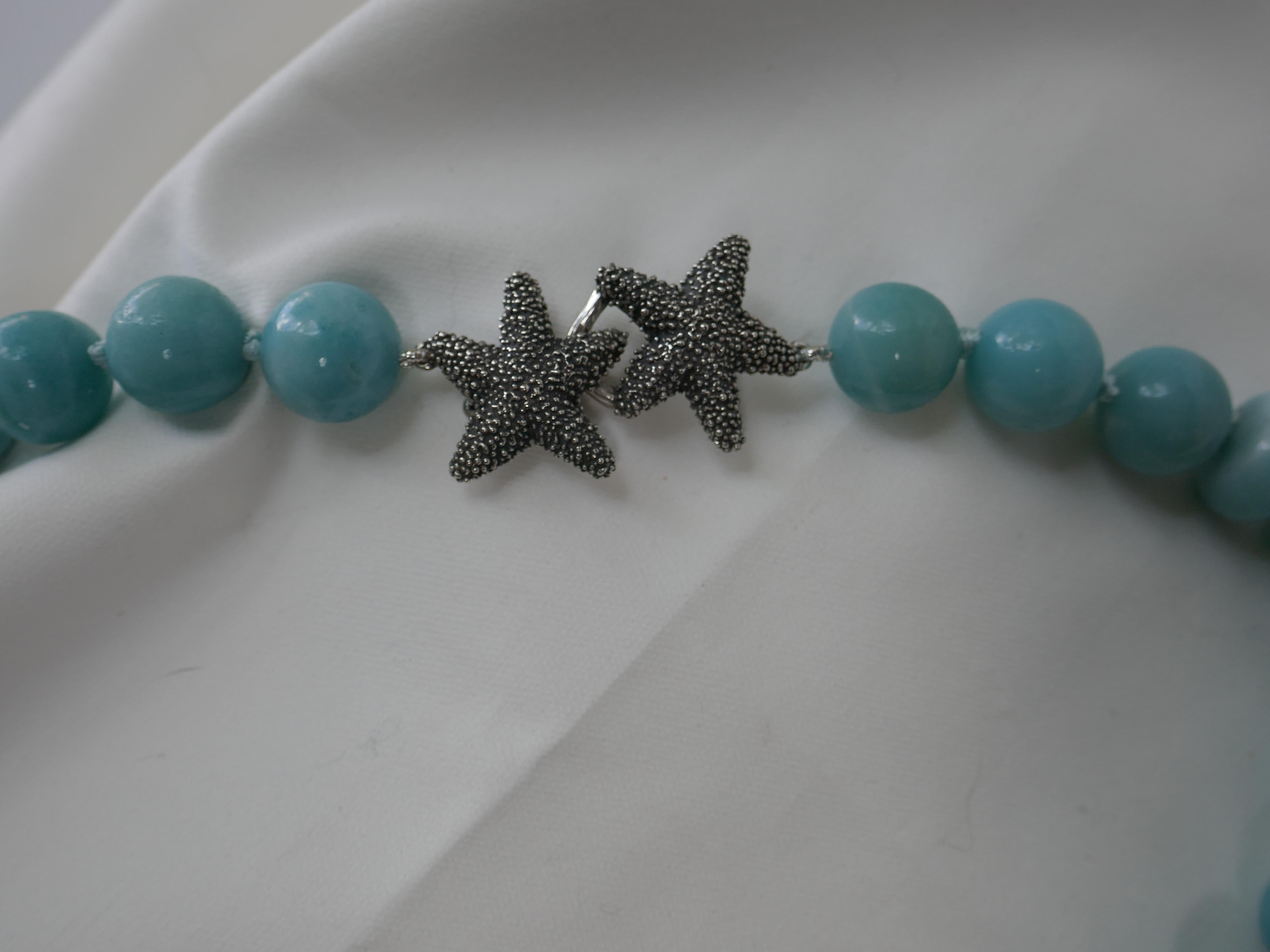 Contemporary Amazonite Oxidized Silver Starfish Clasp Gemstone Necklace For Sale