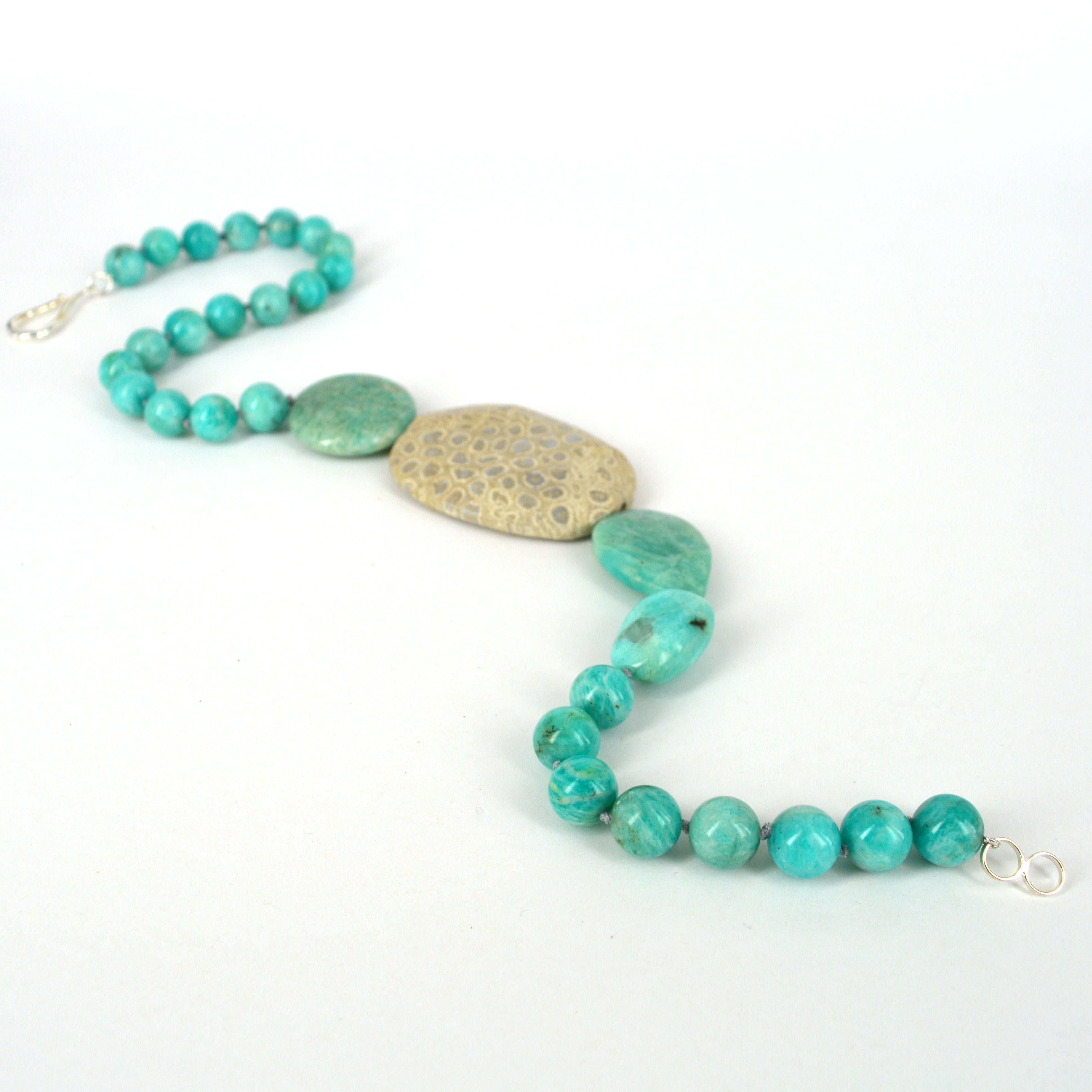 Artisan Amazonite Fossilised Coral Sterling Silver Necklace For Sale