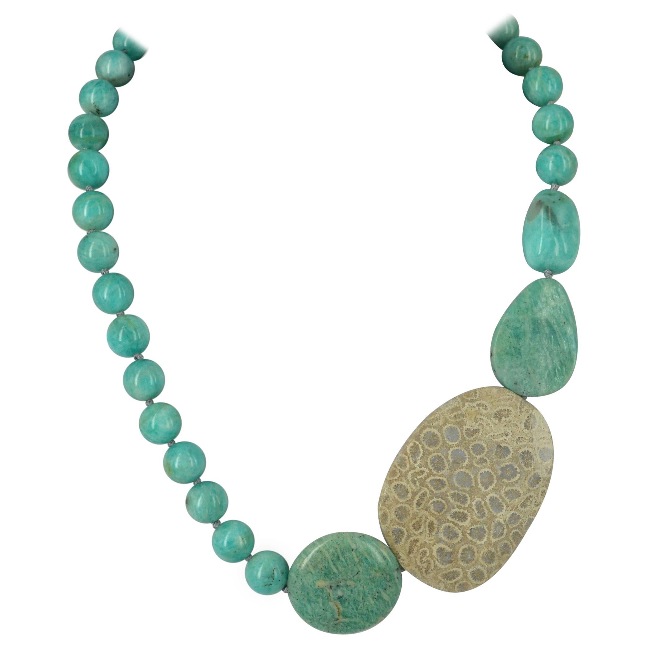 Amazonite Fossilised Coral Sterling Silver Necklace