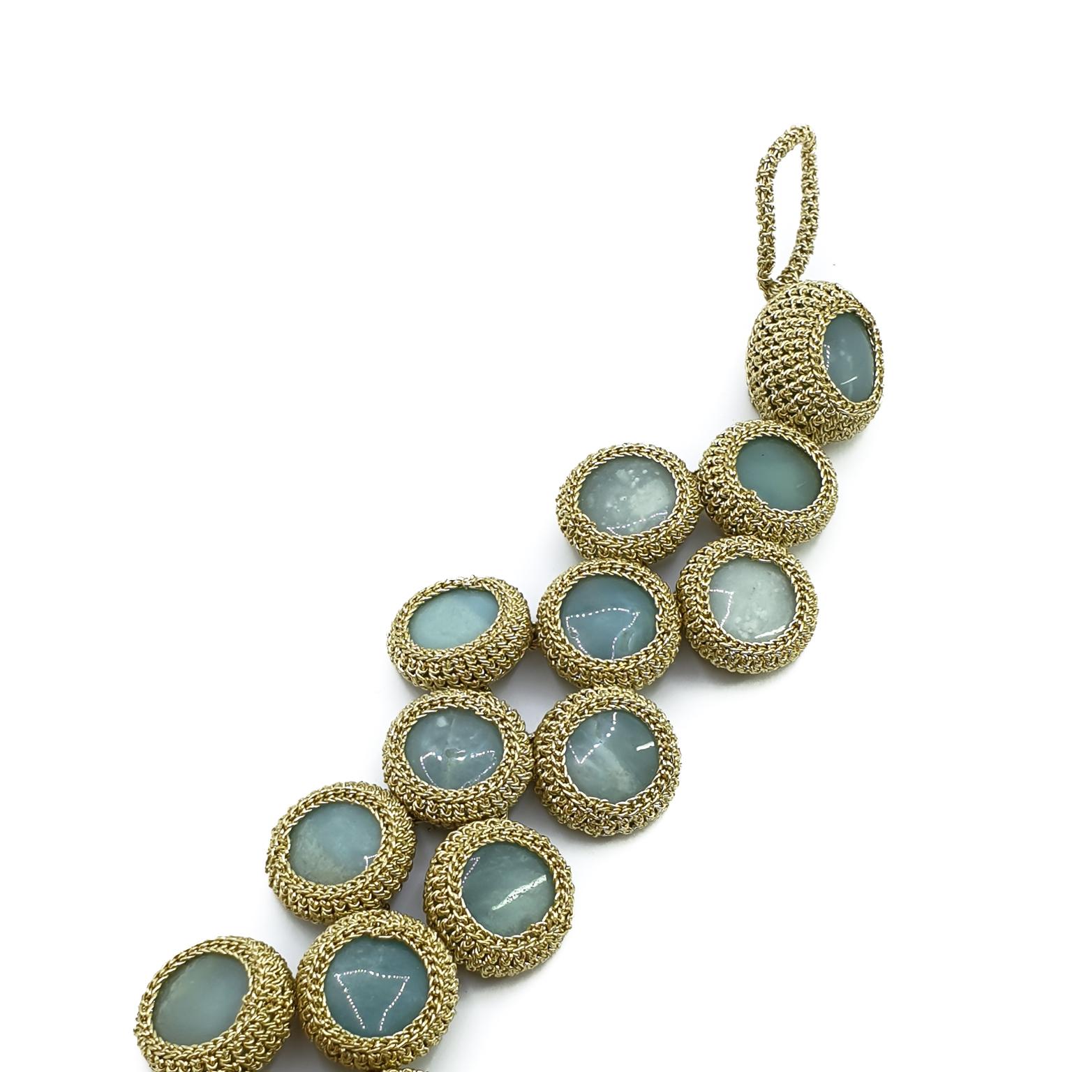 Artist Gold Color Thread Blue Amazonite Contemporary Jewelry Crochet  Bracelet  For Sale