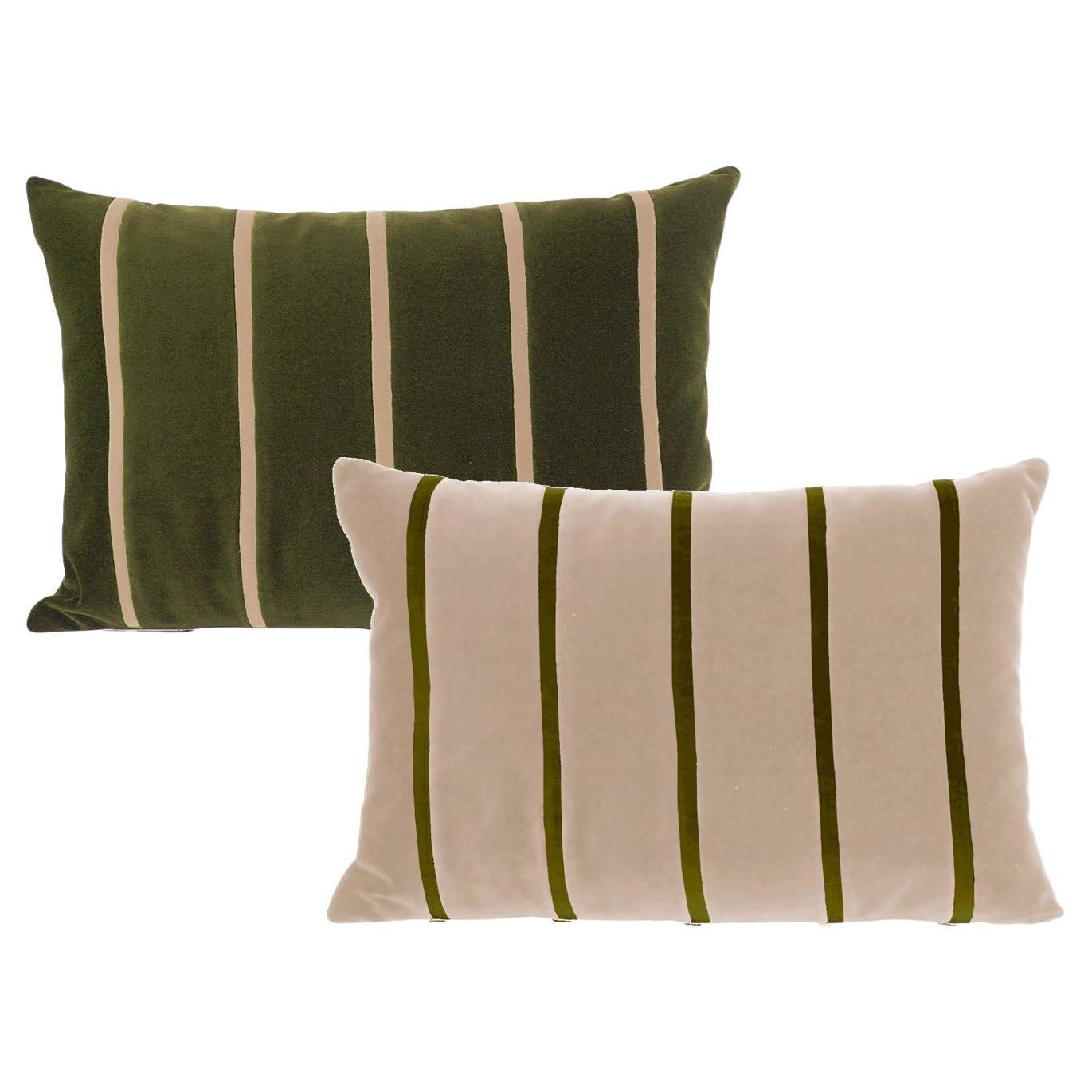 AMAZONITE Green and Sand Set of 2 Striped Velvet Deluxe Pillows