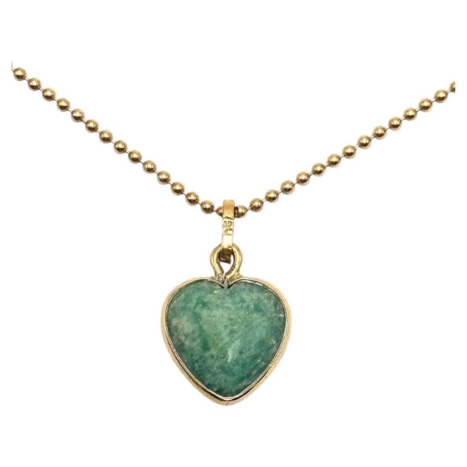 18 Karat Yellow Gold Amazonite Heart Pendant Beaded Chain Necklace Made in Italy For Sale