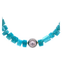 Amazonite Necklace with a Faceted Tahitian Pearl Clasp