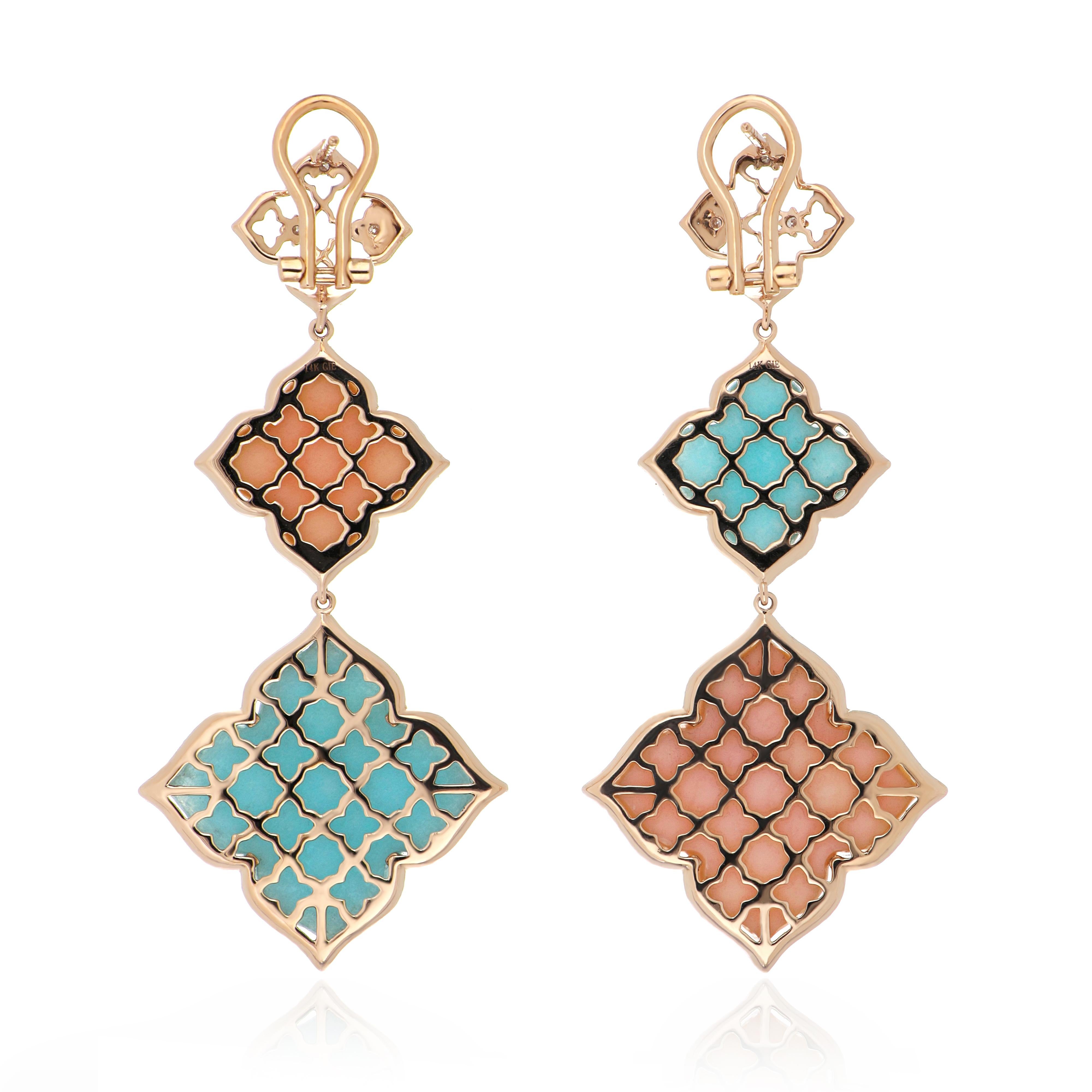 Contemporary Amazonite, Pink Opal and Diamond Earrings in 14 Karat Rose Gold For Sale