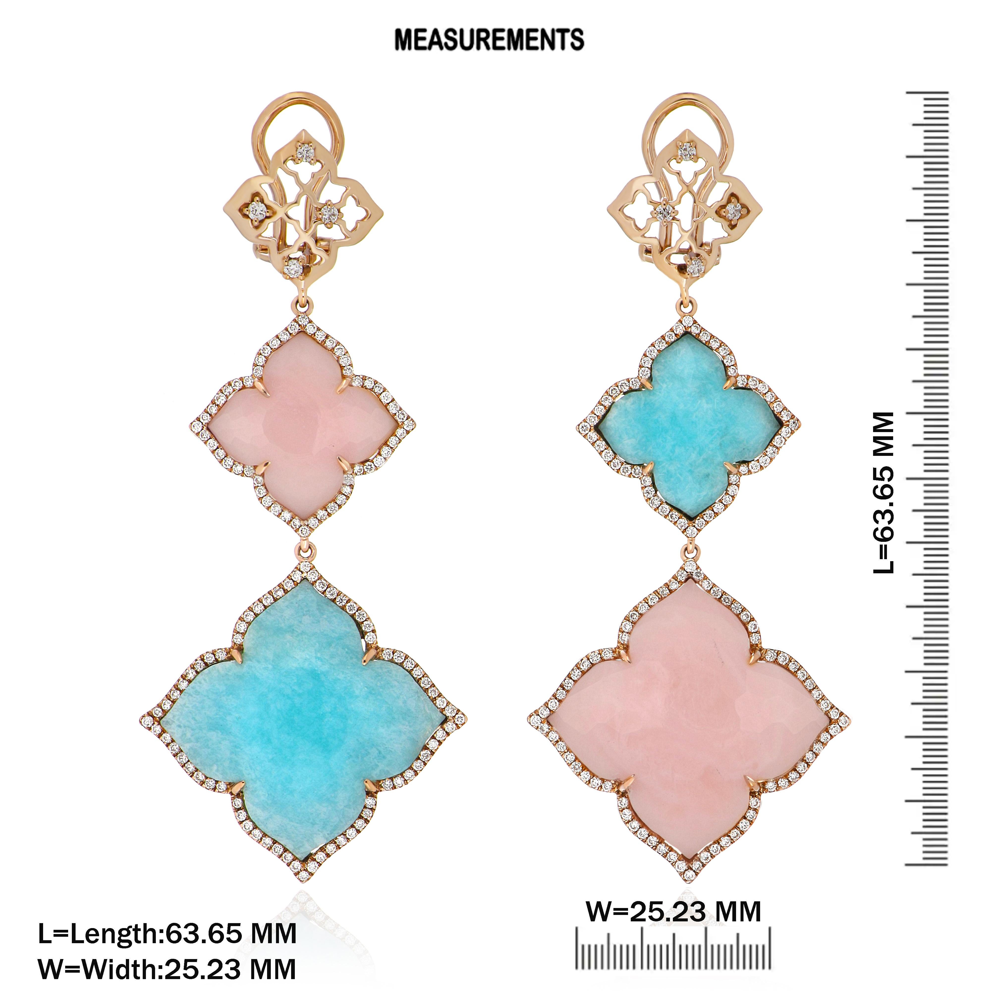 Mixed Cut Amazonite, Pink Opal and Diamond Earrings in 14 Karat Rose Gold For Sale