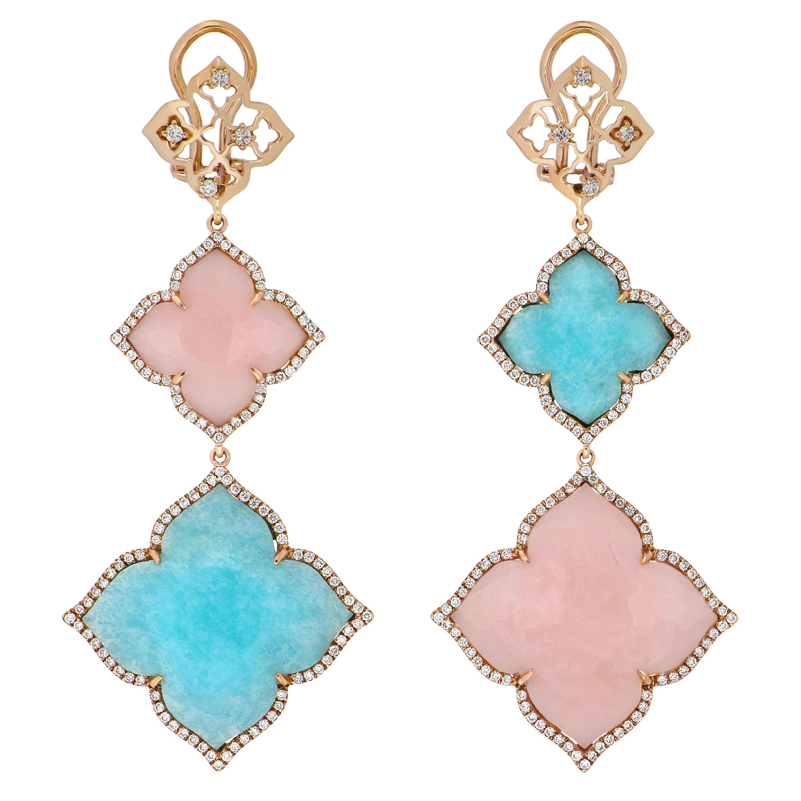 Amazonite, Pink Opal and Diamond Earrings in 14 Karat Rose Gold