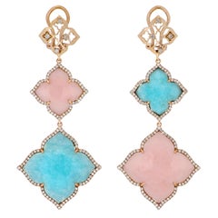 Boucles d'oreilles en or rose 14 carats avec amazonite, opale rose et diamants