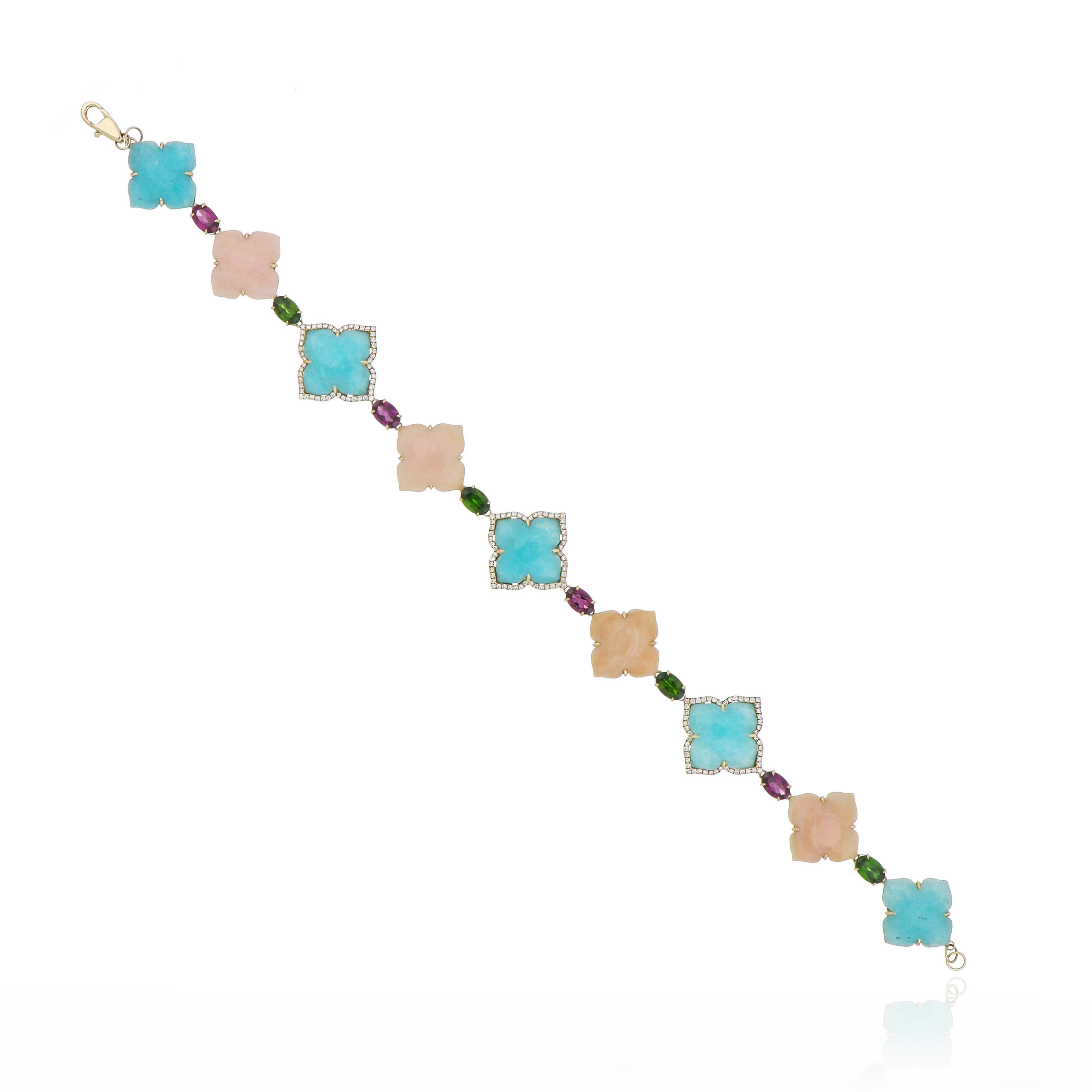 Contemporary Amazonite, Pink Opal and Multi Stone, Diamond Bracelet in 14 Karat Yellow Gold For Sale