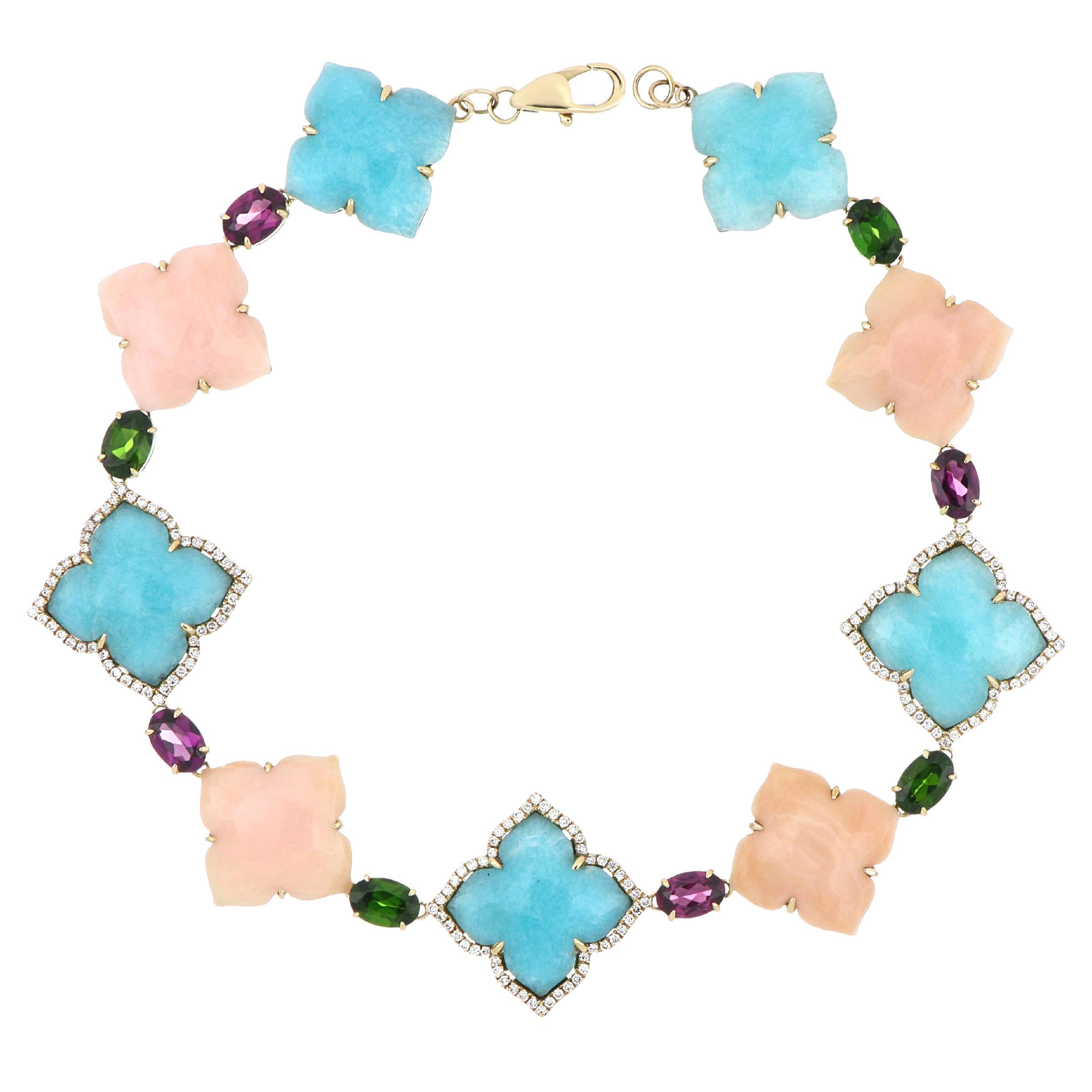 Amazonite, Pink Opal and Multi Stone, Diamond Bracelet in 14 Karat Yellow Gold