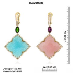 Amazonite, Pink Opal and Multi Stone, Diamond Earrings in 14 Karat Yellow Gold