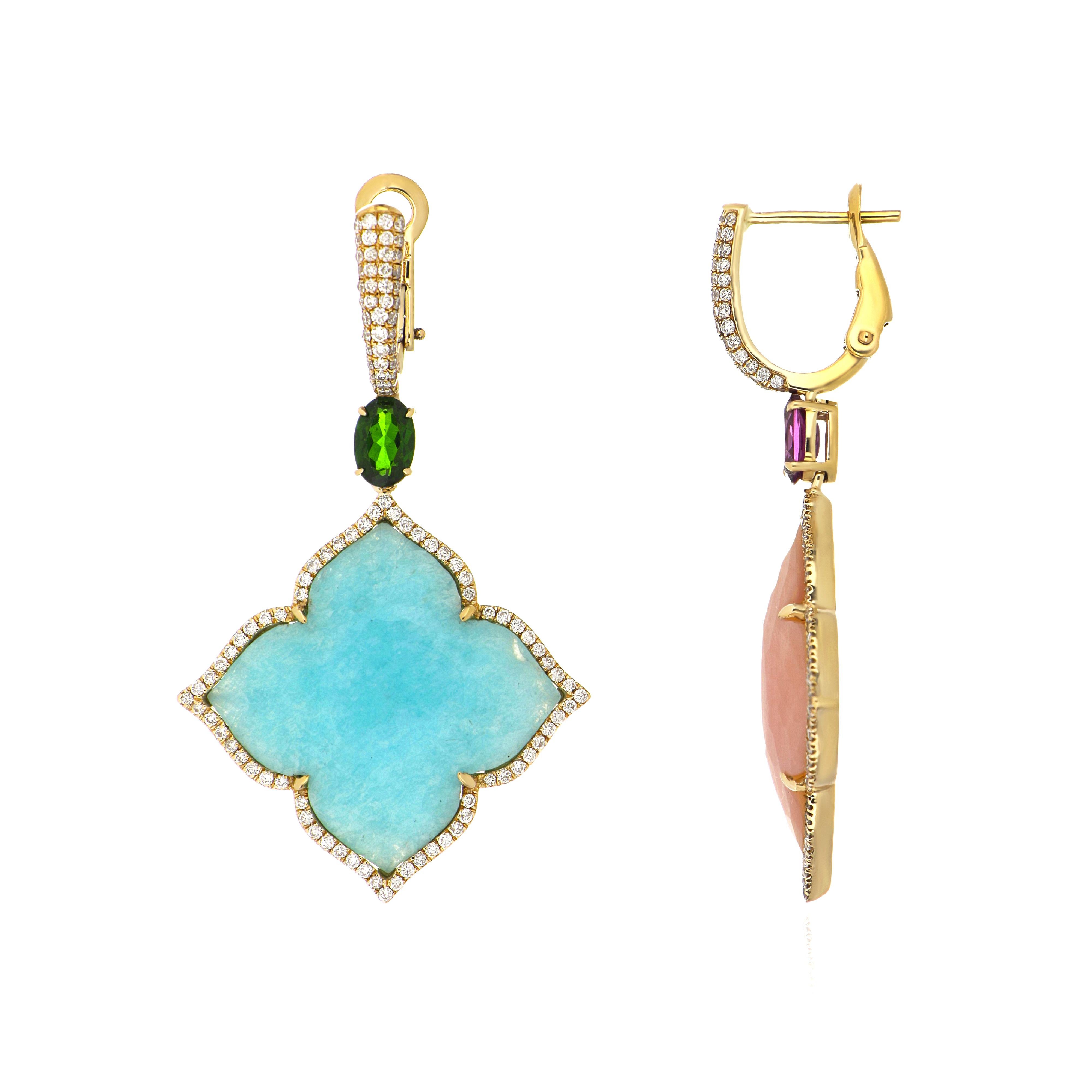 Contemporary Amazonite, Pink Opal and Multi Stone, Diamond Earrings in 14 Karat Yellow Gold For Sale