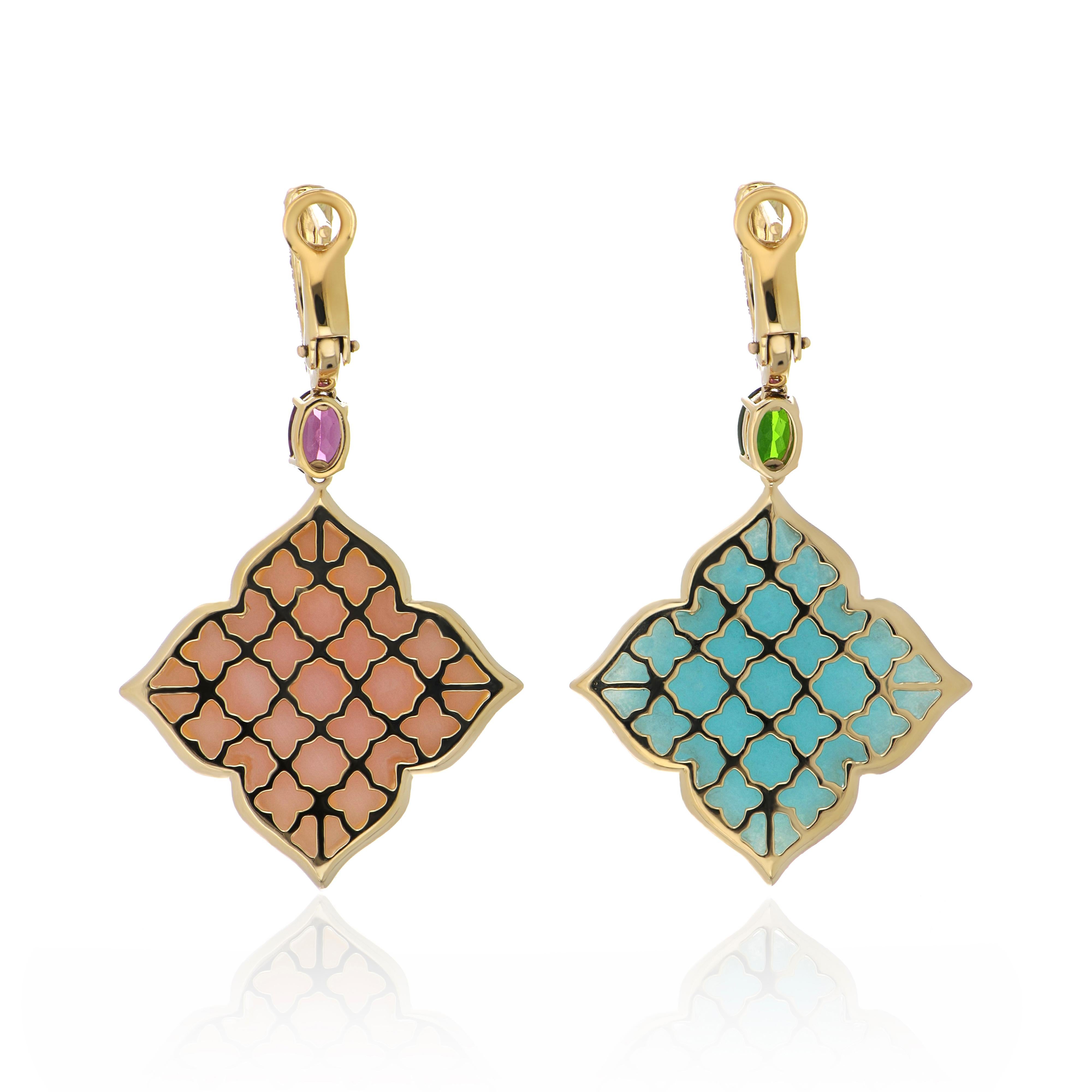 Mixed Cut Amazonite, Pink Opal and Multi Stone, Diamond Earrings in 14 Karat Yellow Gold For Sale