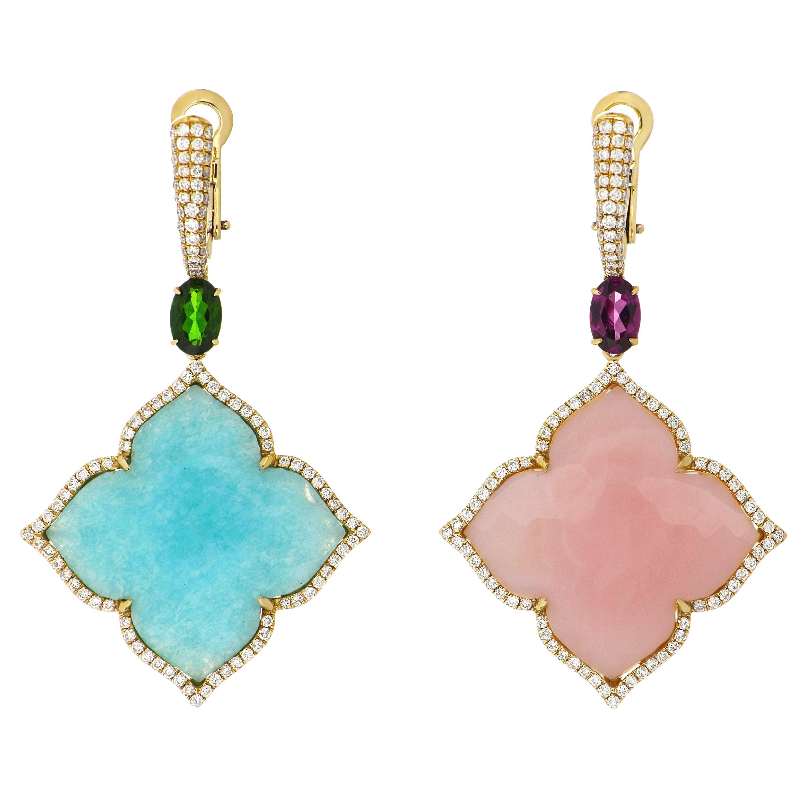 Amazonite, Pink Opal and Multi Stone, Diamond Earrings in 14 Karat Yellow Gold