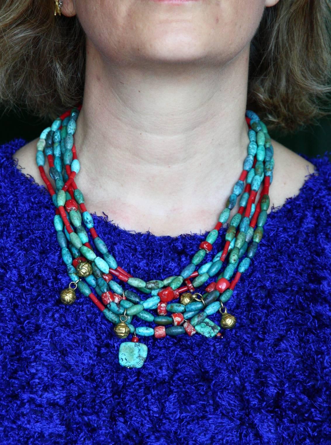 Artisan Amazonite Red Coral Turquoise Gold Necklace For Sale