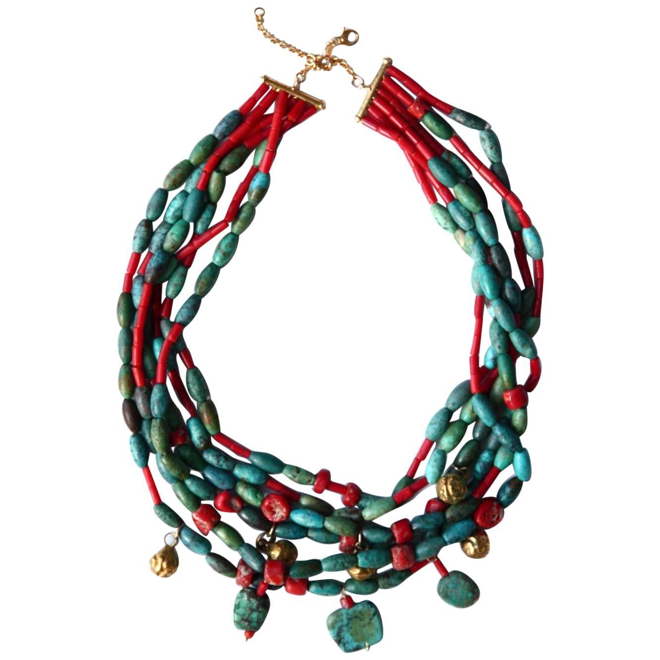 Halskette aus Amazonit, roter Koralle und Türkis in Gold