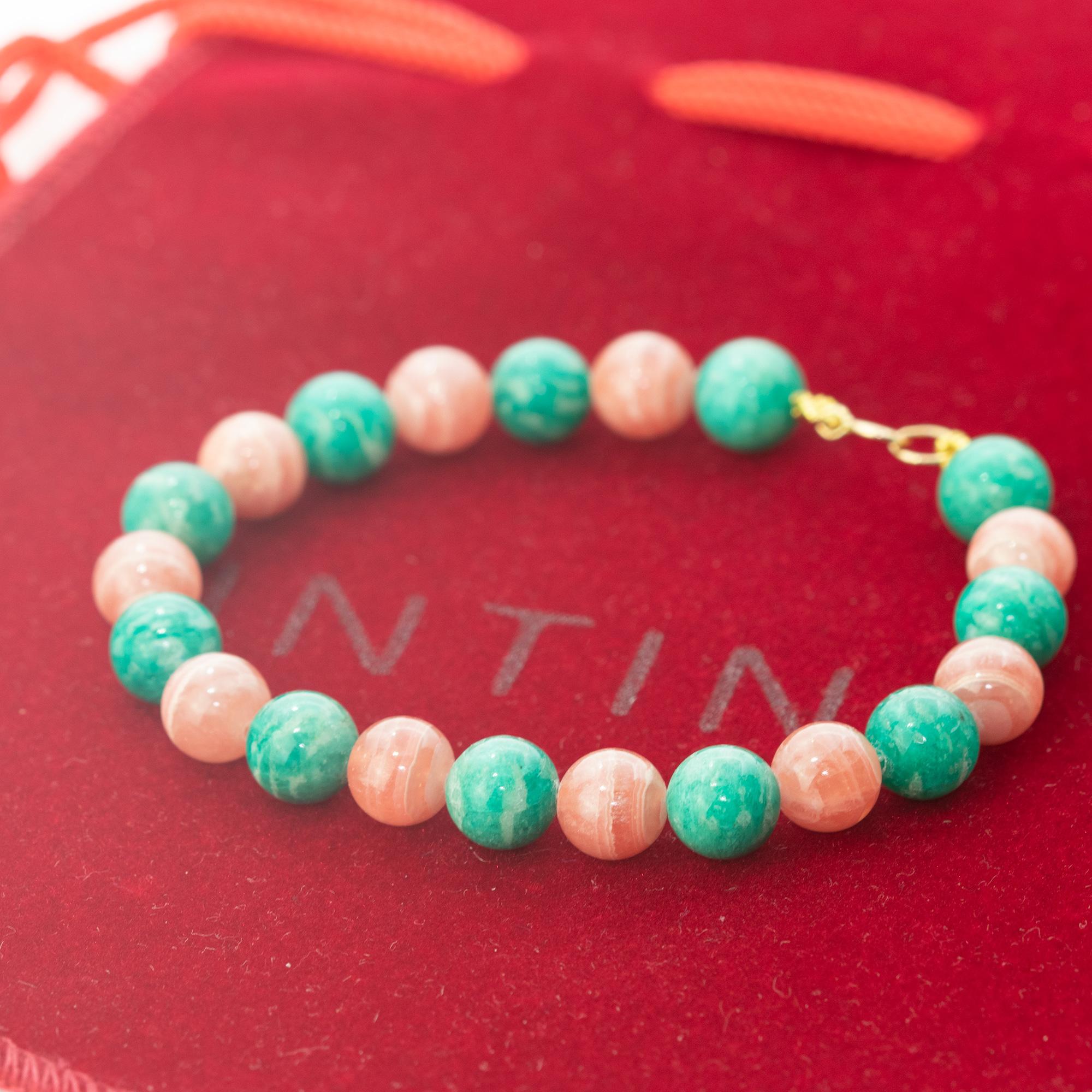 Amazonita Rodocrosita Pulsera moderna hecha a mano con cuentas de oro de 18k Intini Jewels Artes y manualidades en venta