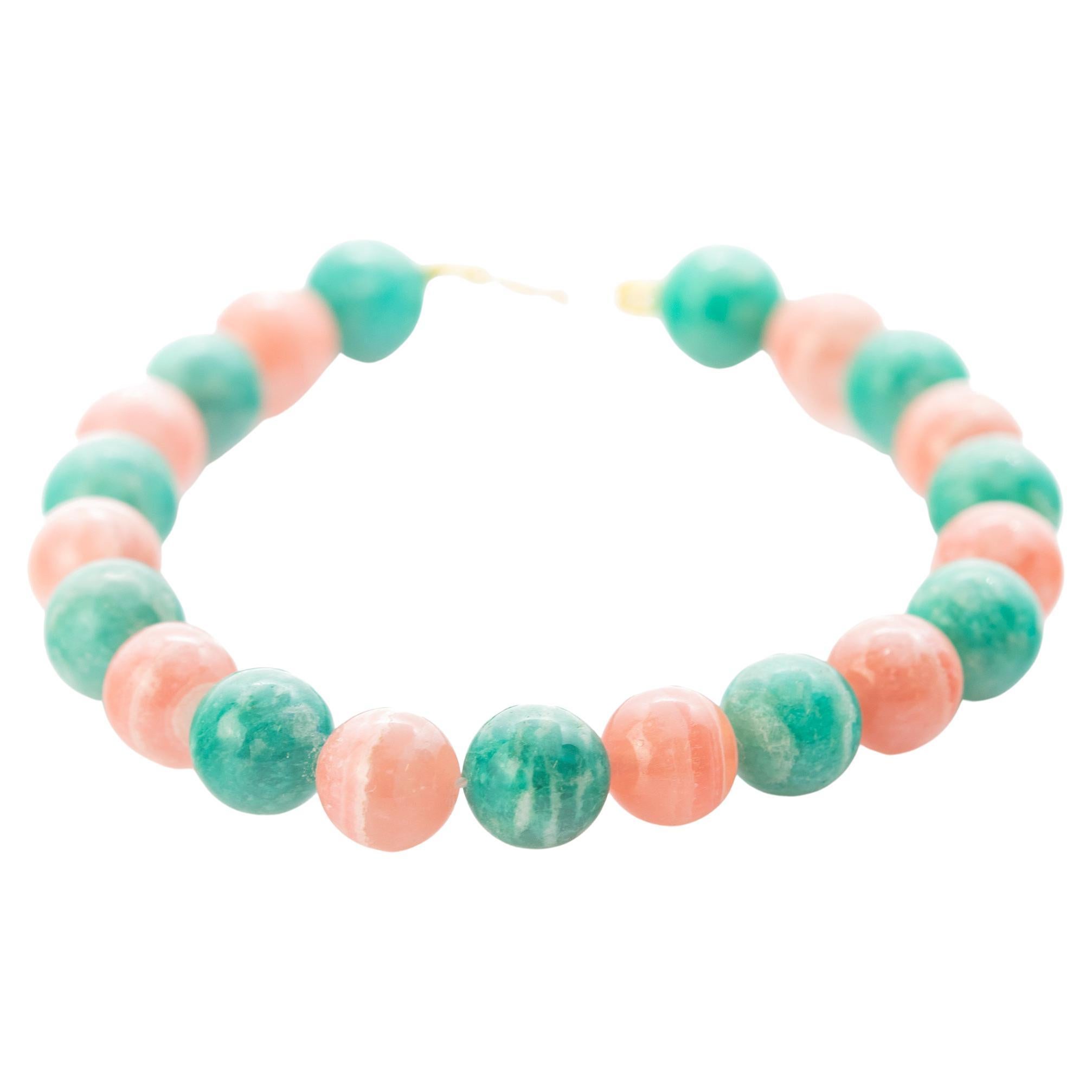 Amazonite Rhodochrosite 18k Gold Beaded Handmade Modern Bracelet Intini Jewels