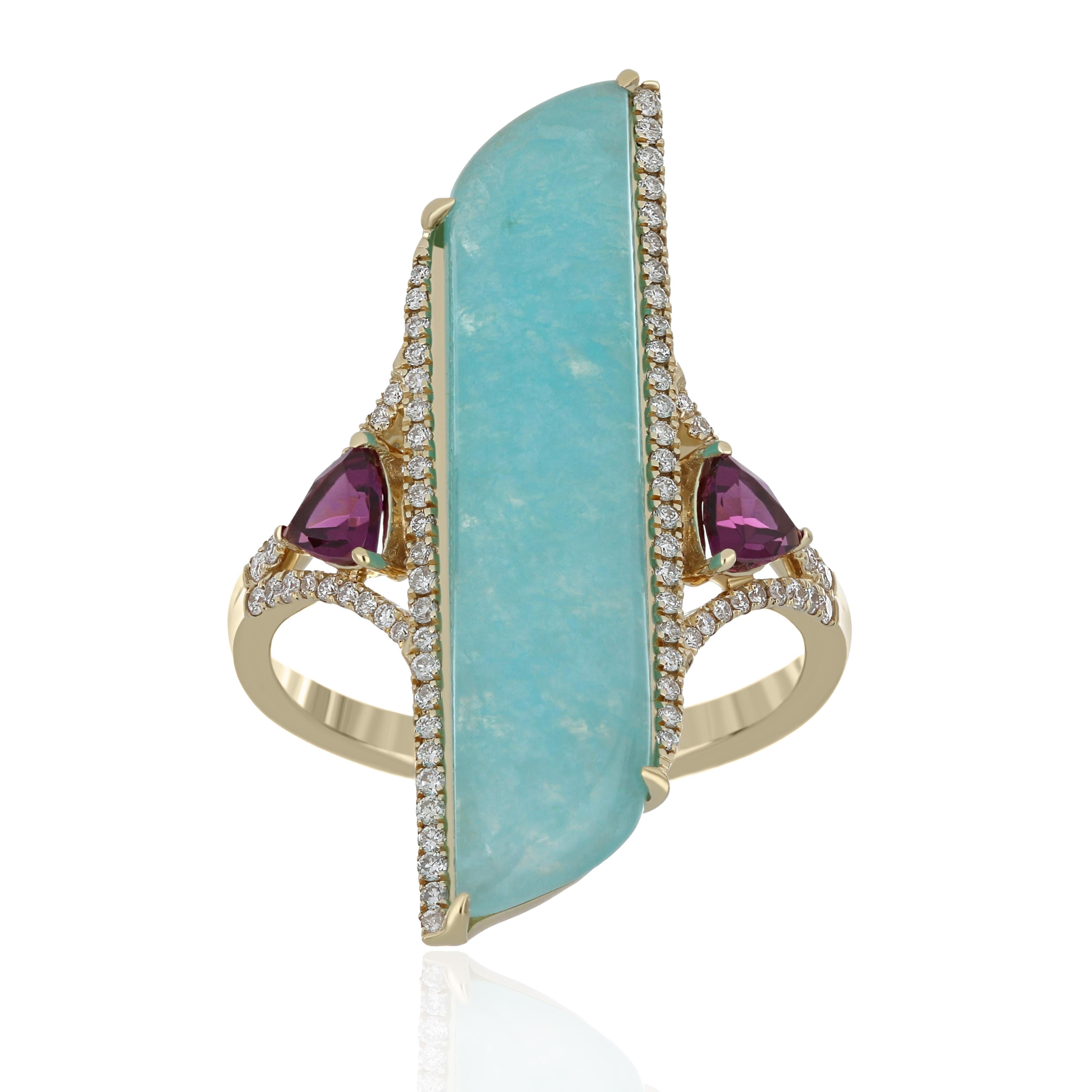 For Sale:  Amazonite, Rhodolite and Diamond Studded Cocktail Ring 14 Karat Yellow Gold 2