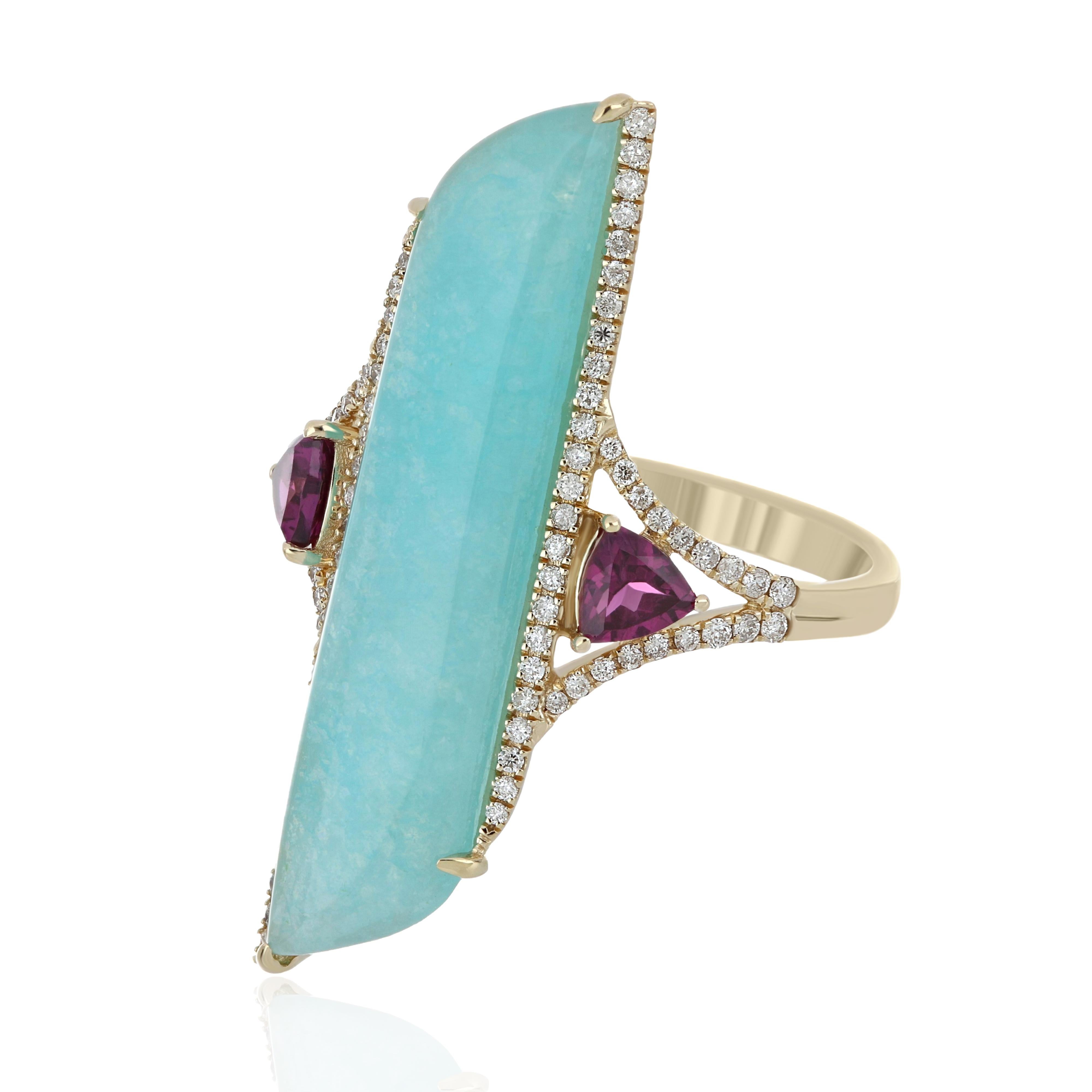 For Sale:  Amazonite, Rhodolite and Diamond Studded Cocktail Ring 14 Karat Yellow Gold 3