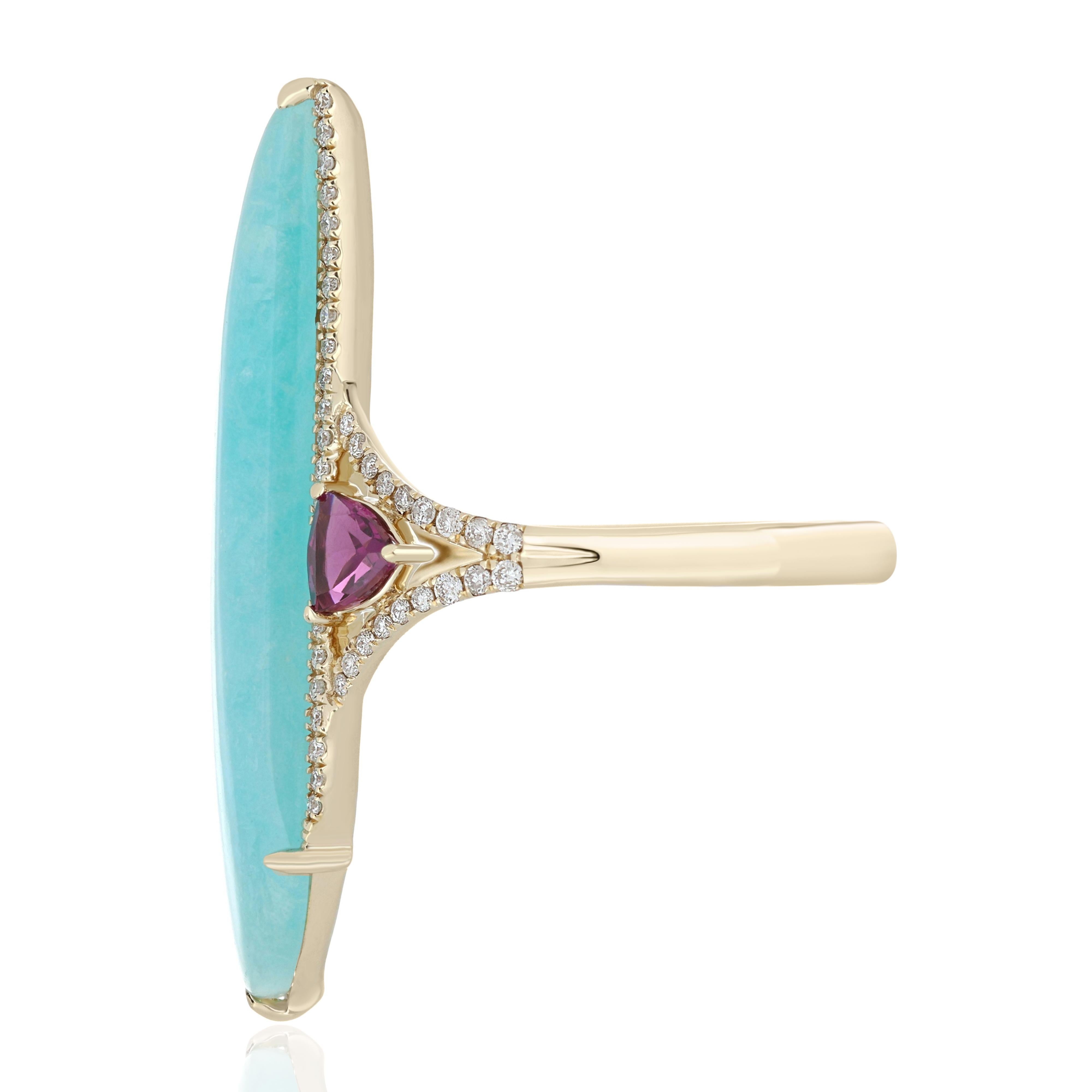 For Sale:  Amazonite, Rhodolite and Diamond Studded Cocktail Ring 14 Karat Yellow Gold 4