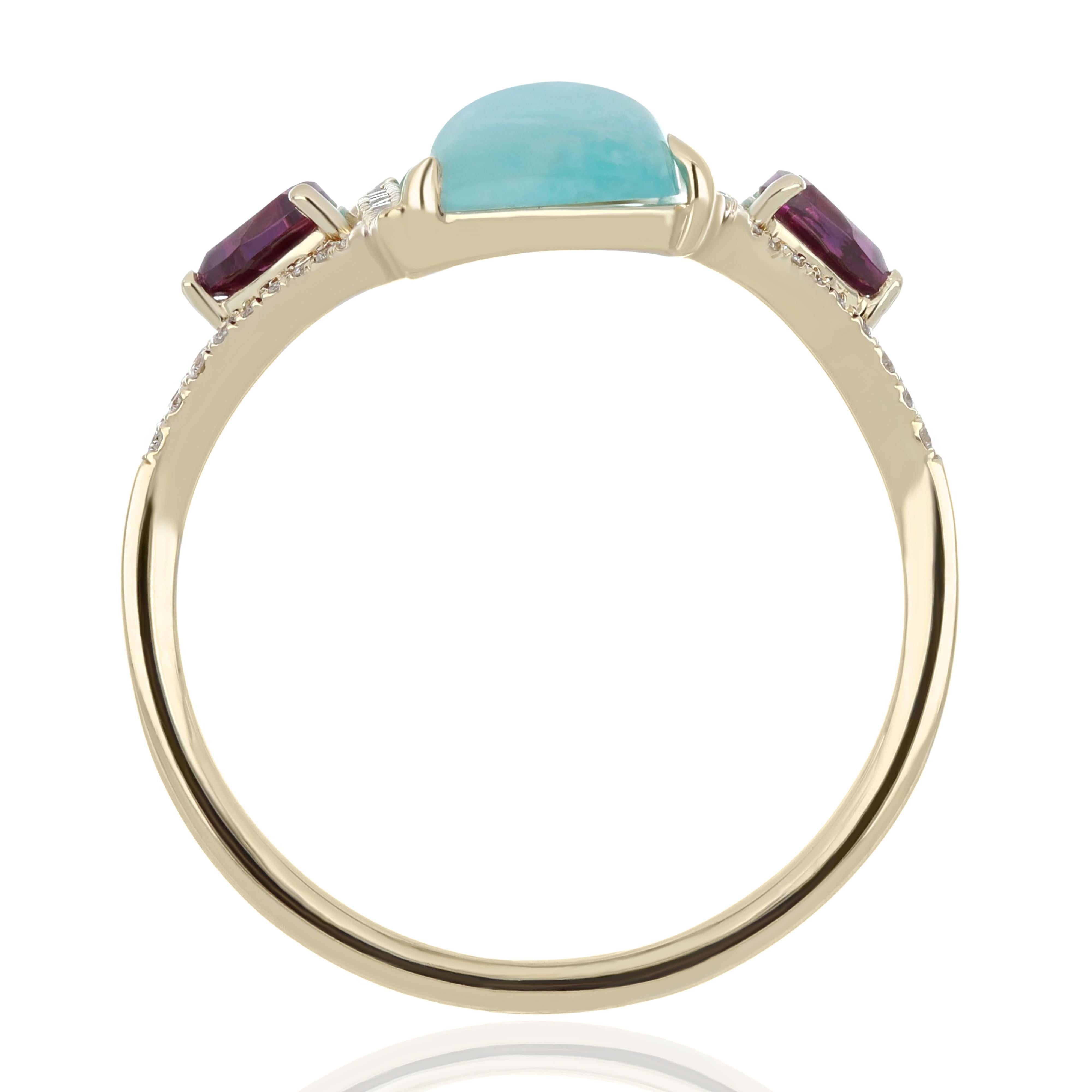 For Sale:  Amazonite, Rhodolite and Diamond Studded Cocktail Ring 14 Karat Yellow Gold 5