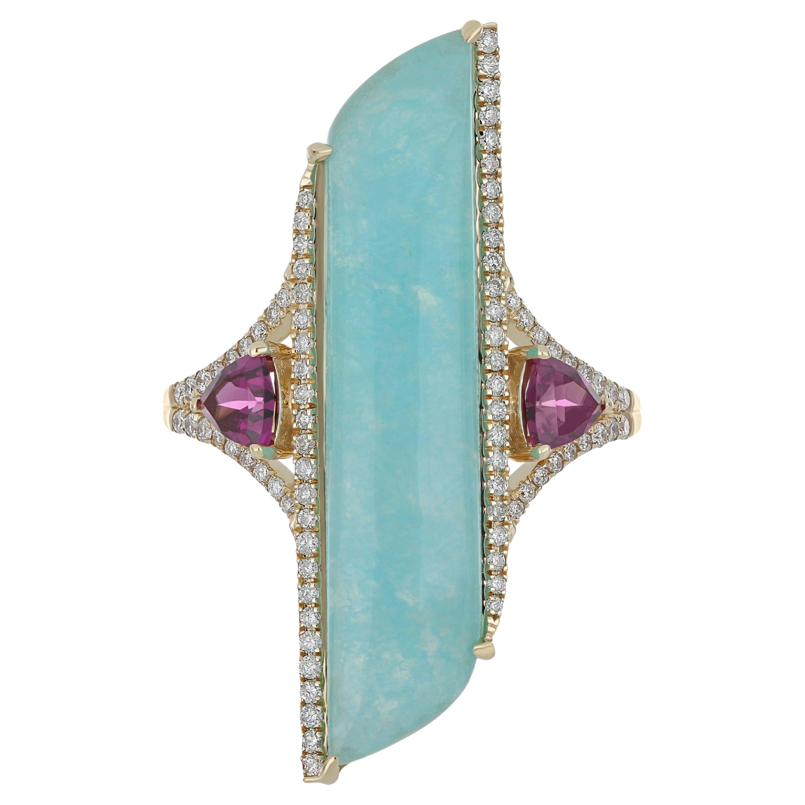 For Sale:  Amazonite, Rhodolite and Diamond Studded Cocktail Ring 14 Karat Yellow Gold