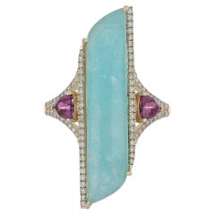 Amazonite, Rhodolite and Diamond Studded Cocktail Ring 14 Karat Yellow Gold