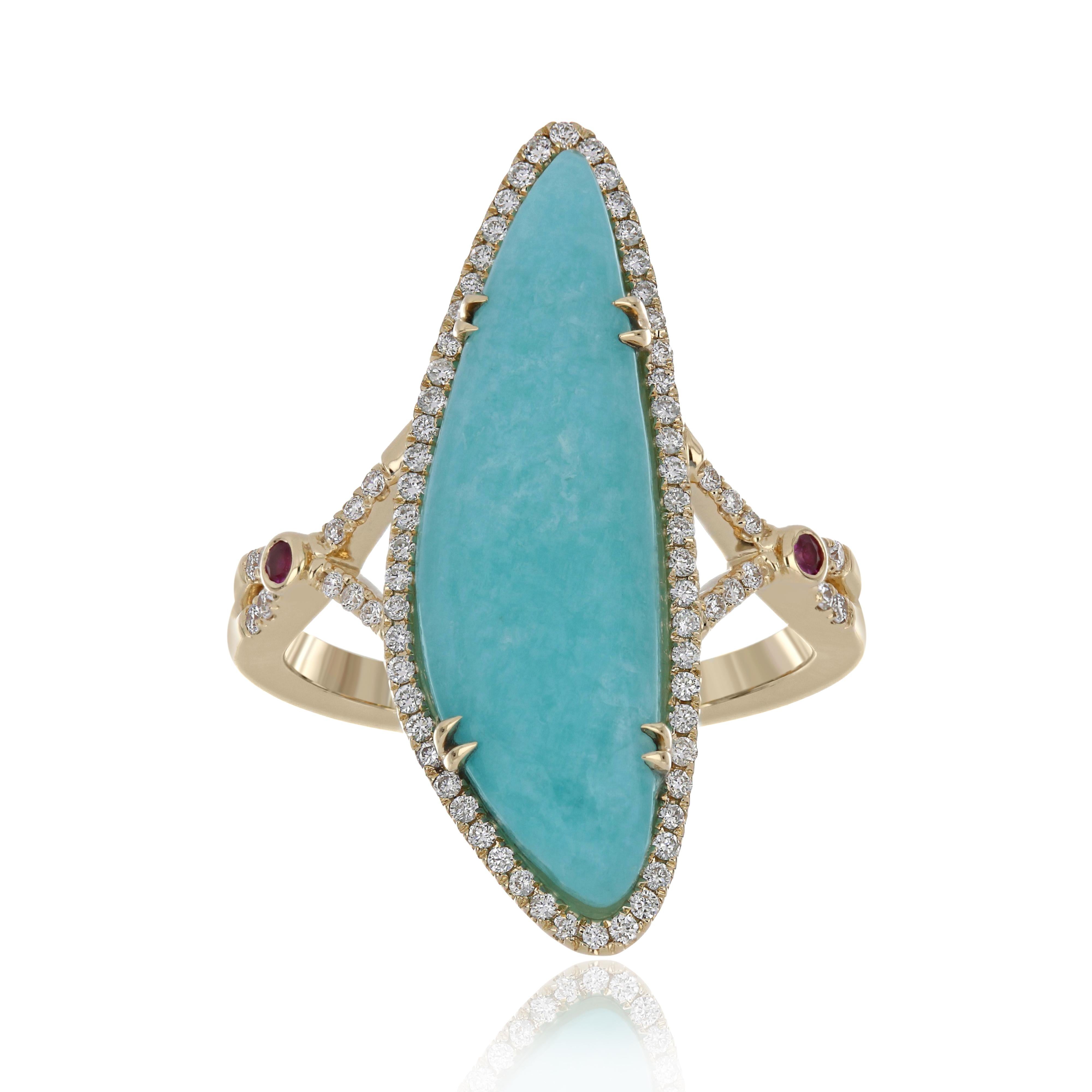 For Sale:  Amazonite, Ruby and Diamond Studded Ring 14 Karat Yellow Gold 2