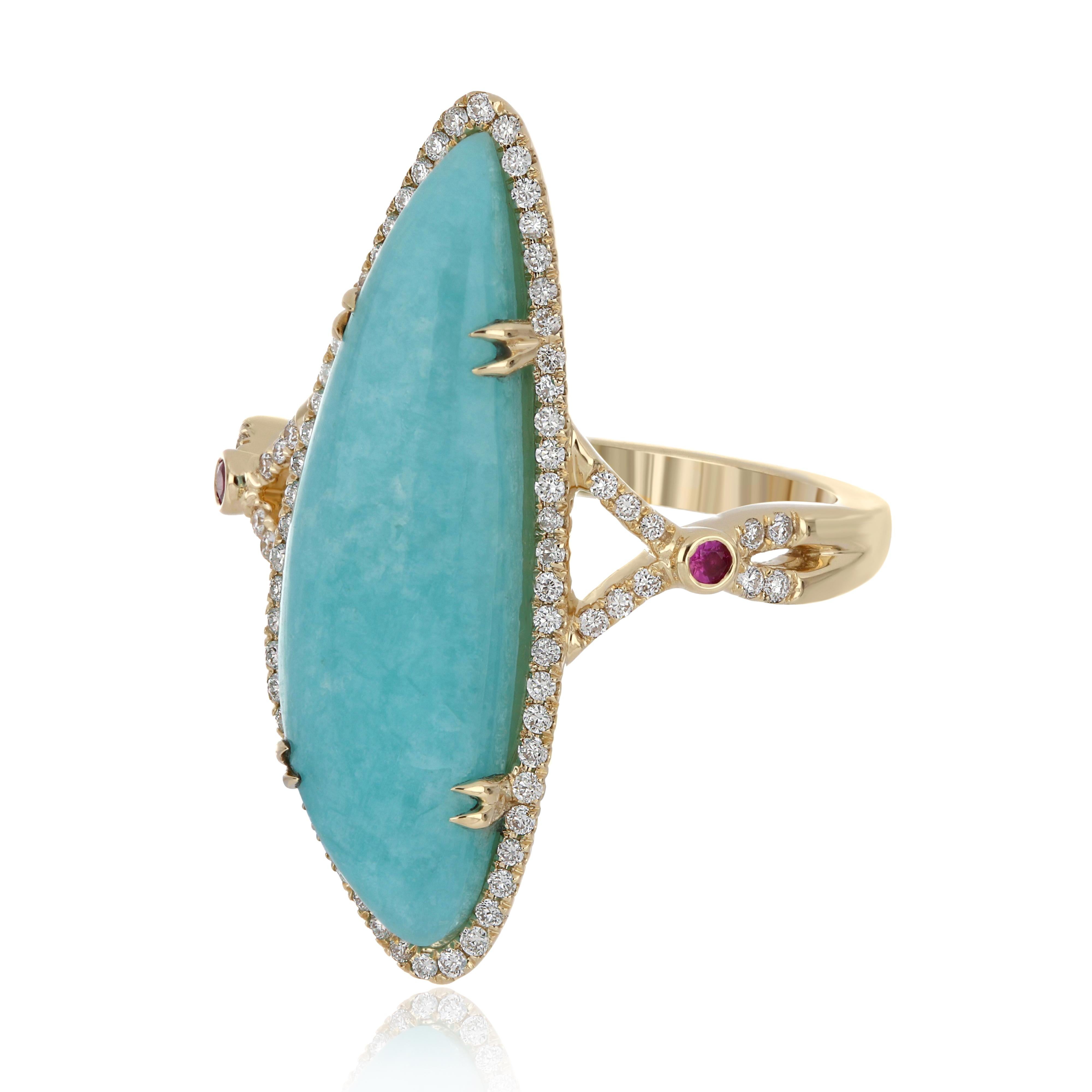For Sale:  Amazonite, Ruby and Diamond Studded Ring 14 Karat Yellow Gold 3