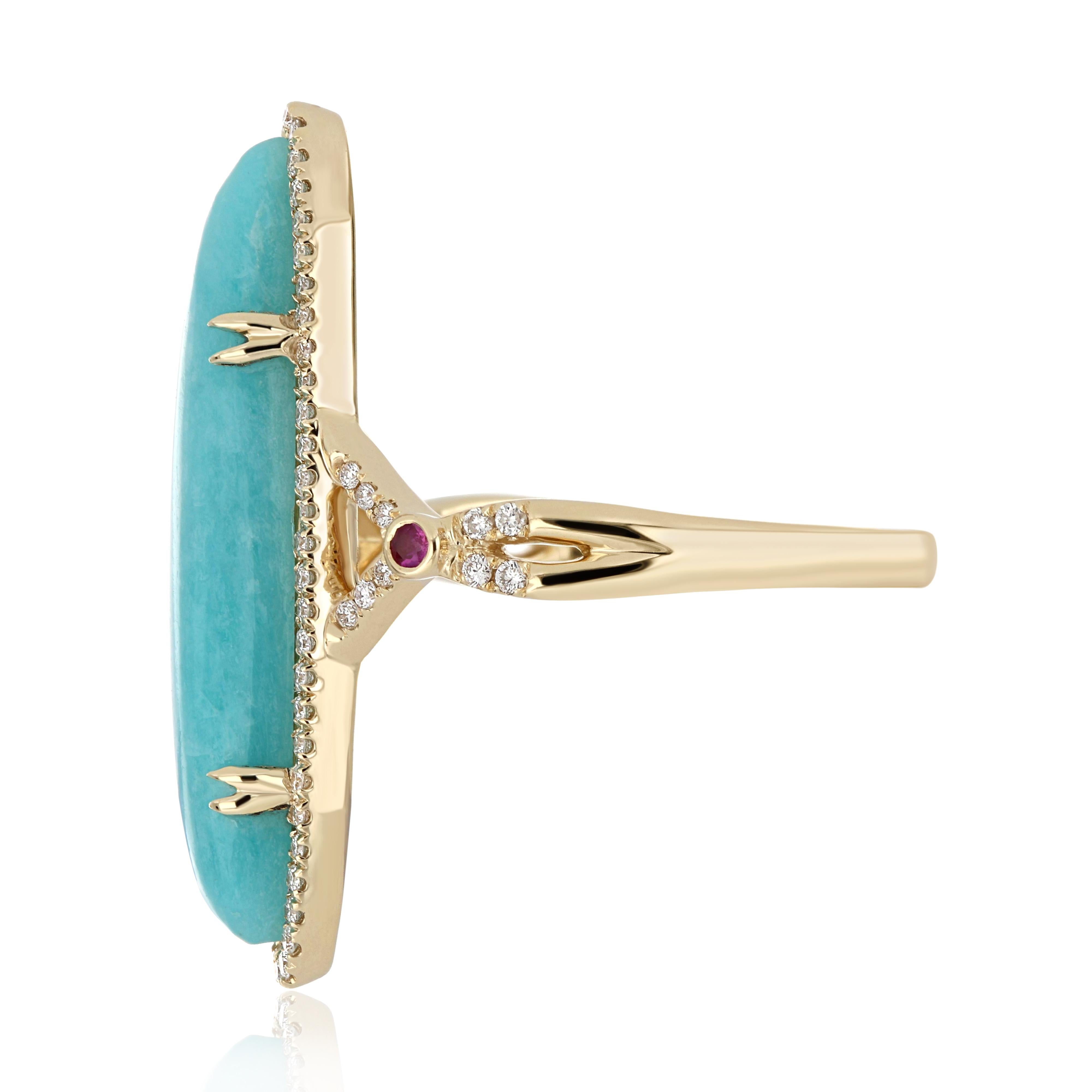 For Sale:  Amazonite, Ruby and Diamond Studded Ring 14 Karat Yellow Gold 4