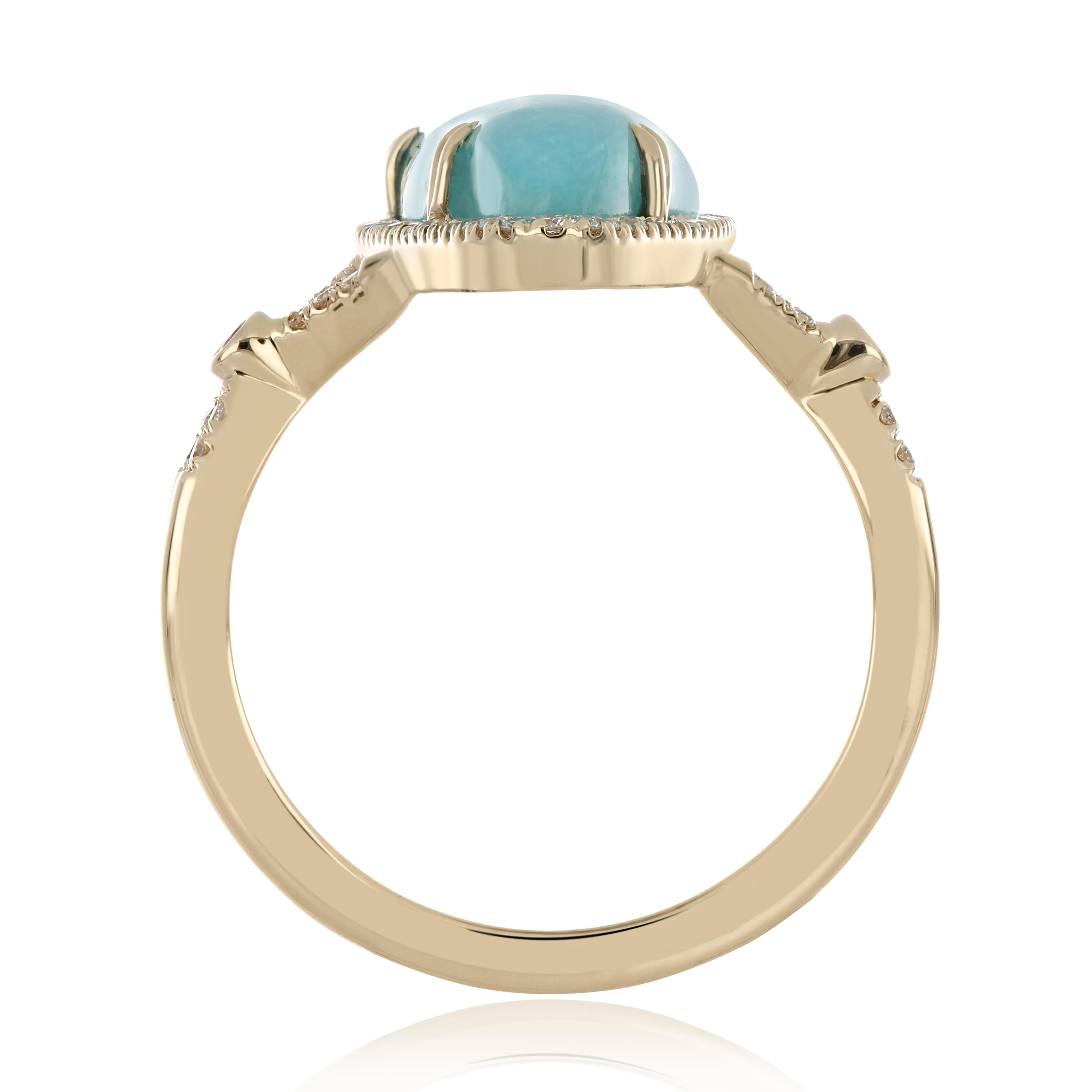 For Sale:  Amazonite, Ruby and Diamond Studded Ring 14 Karat Yellow Gold 5