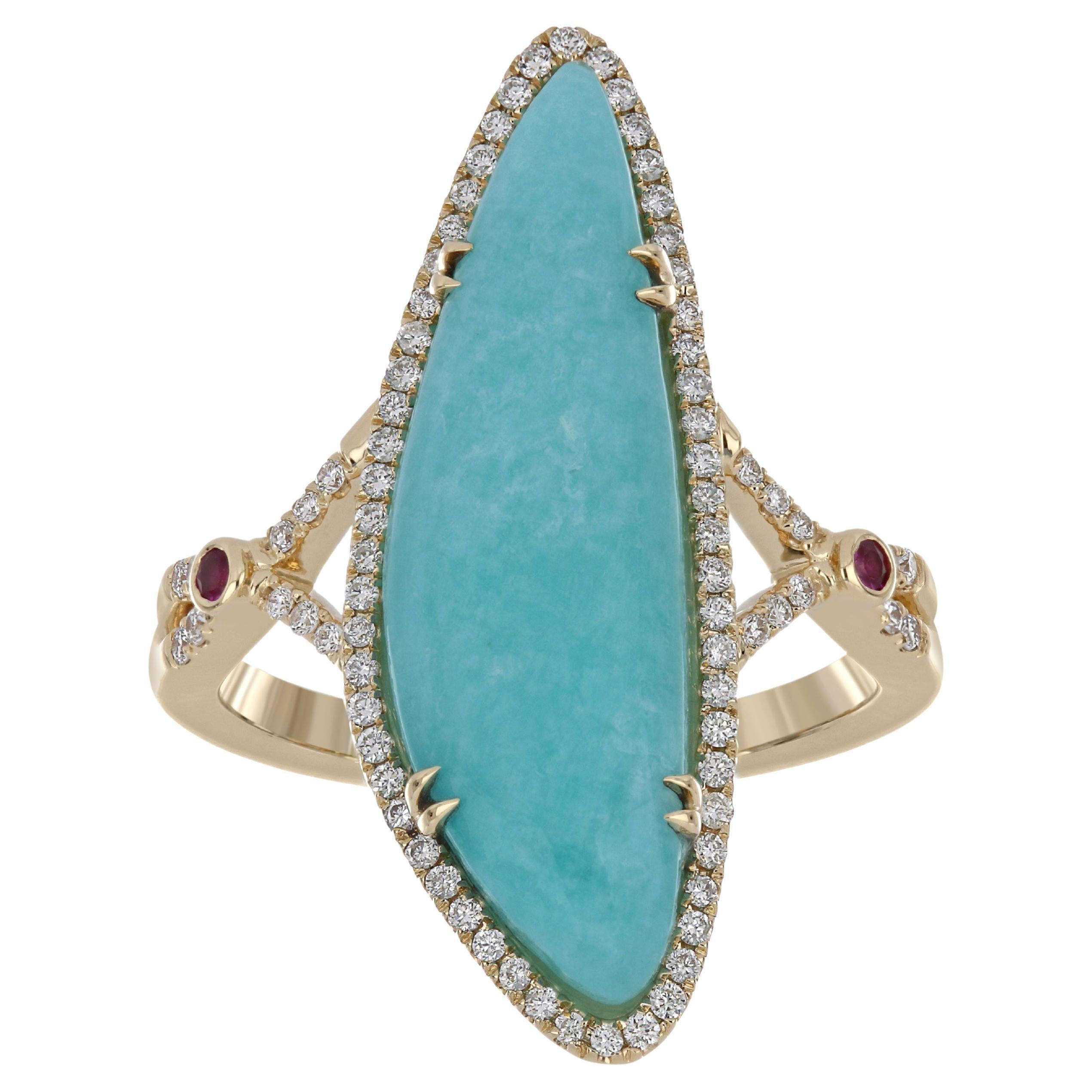 For Sale:  Amazonite, Ruby and Diamond Studded Ring 14 Karat Yellow Gold