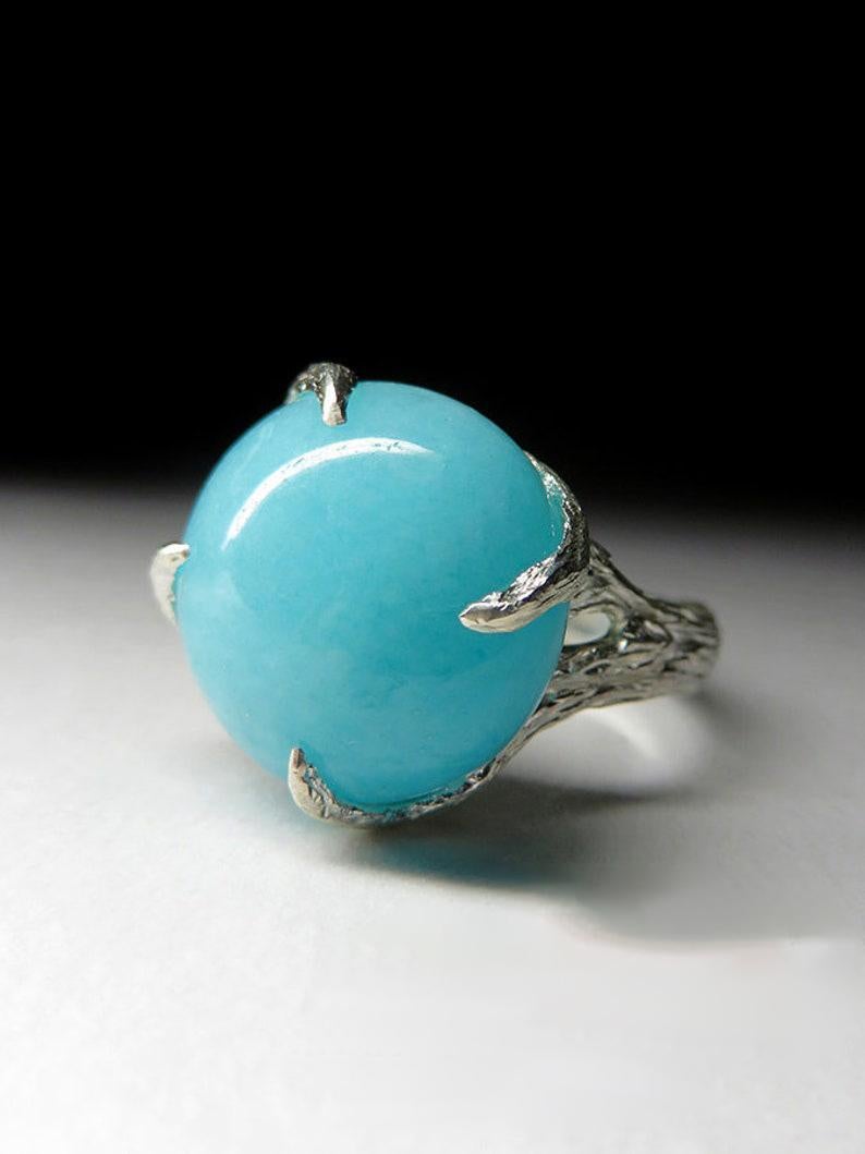 Amazonite Silver Ring Natural Blue Gemstone Unisex Gift For Her Him Vintage For Sale 5