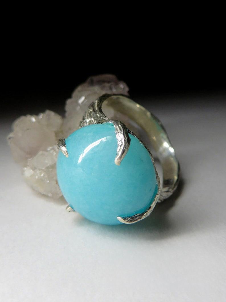 Round Cut Amazonite Silver Ring Natural Blue Gemstone Unisex Gift For Her Him Vintage For Sale