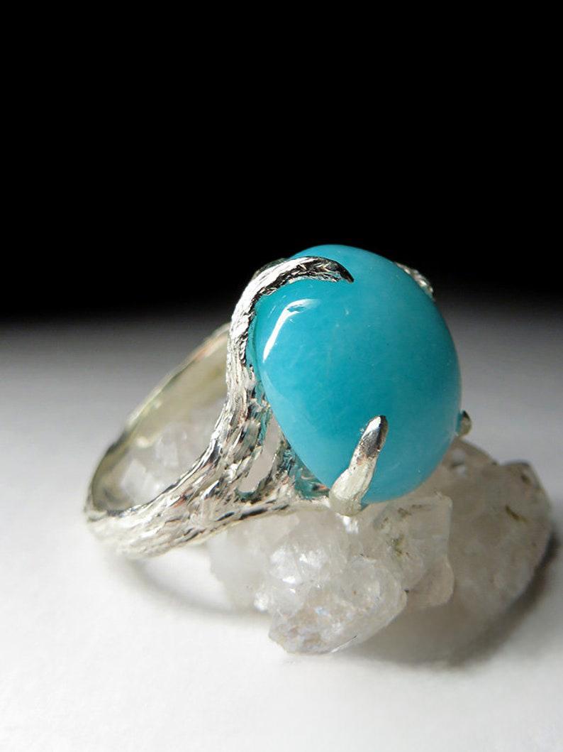 Amazonite Silver Ring Natural Blue Gemstone Unisex Gift For Her Him Vintage In New Condition For Sale In Berlin, DE