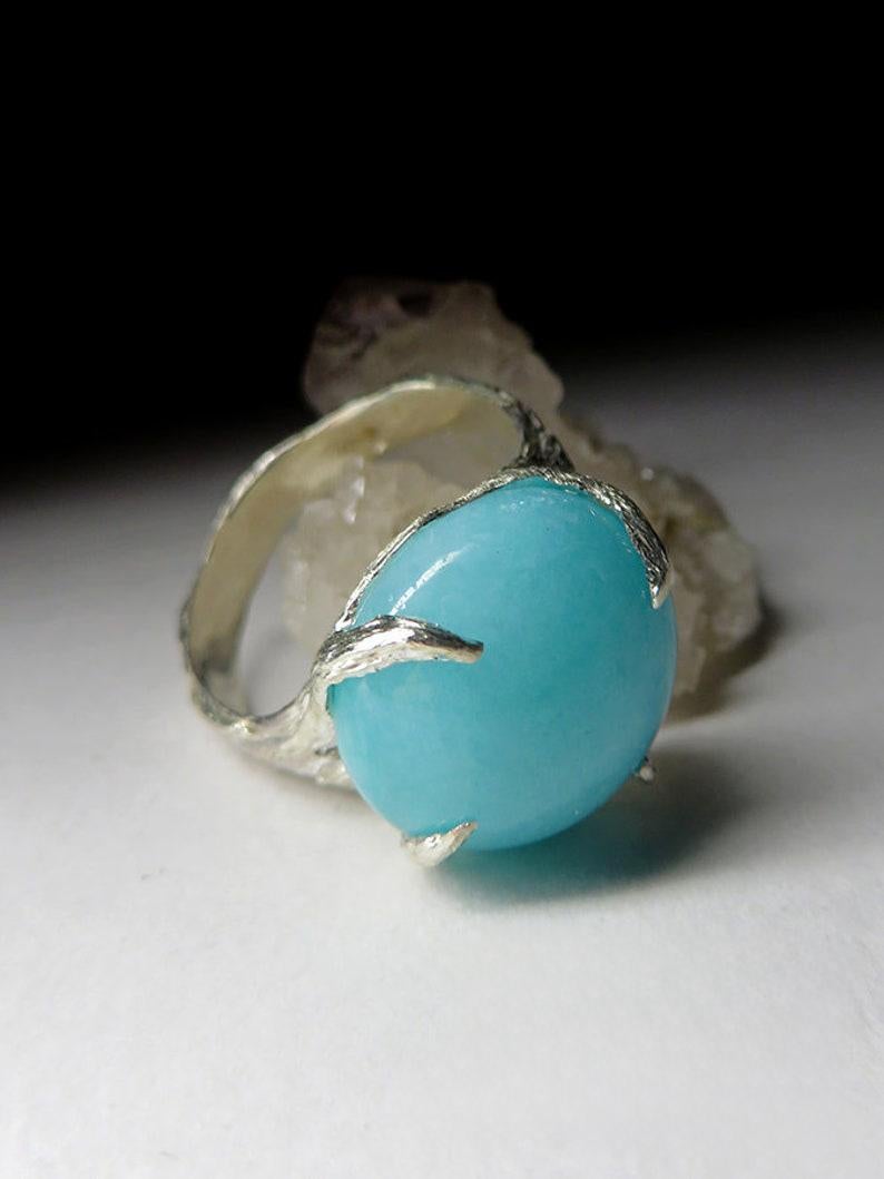 Amazonite Silver Ring Natural Blue Gemstone Unisex Gift For Her Him Vintage For Sale 1