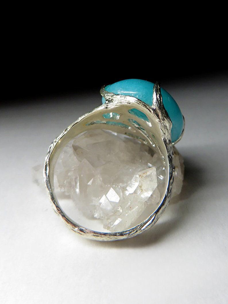 Amazonite Silver Ring Natural Blue Gemstone Unisex Gift For Her Him Vintage For Sale 2